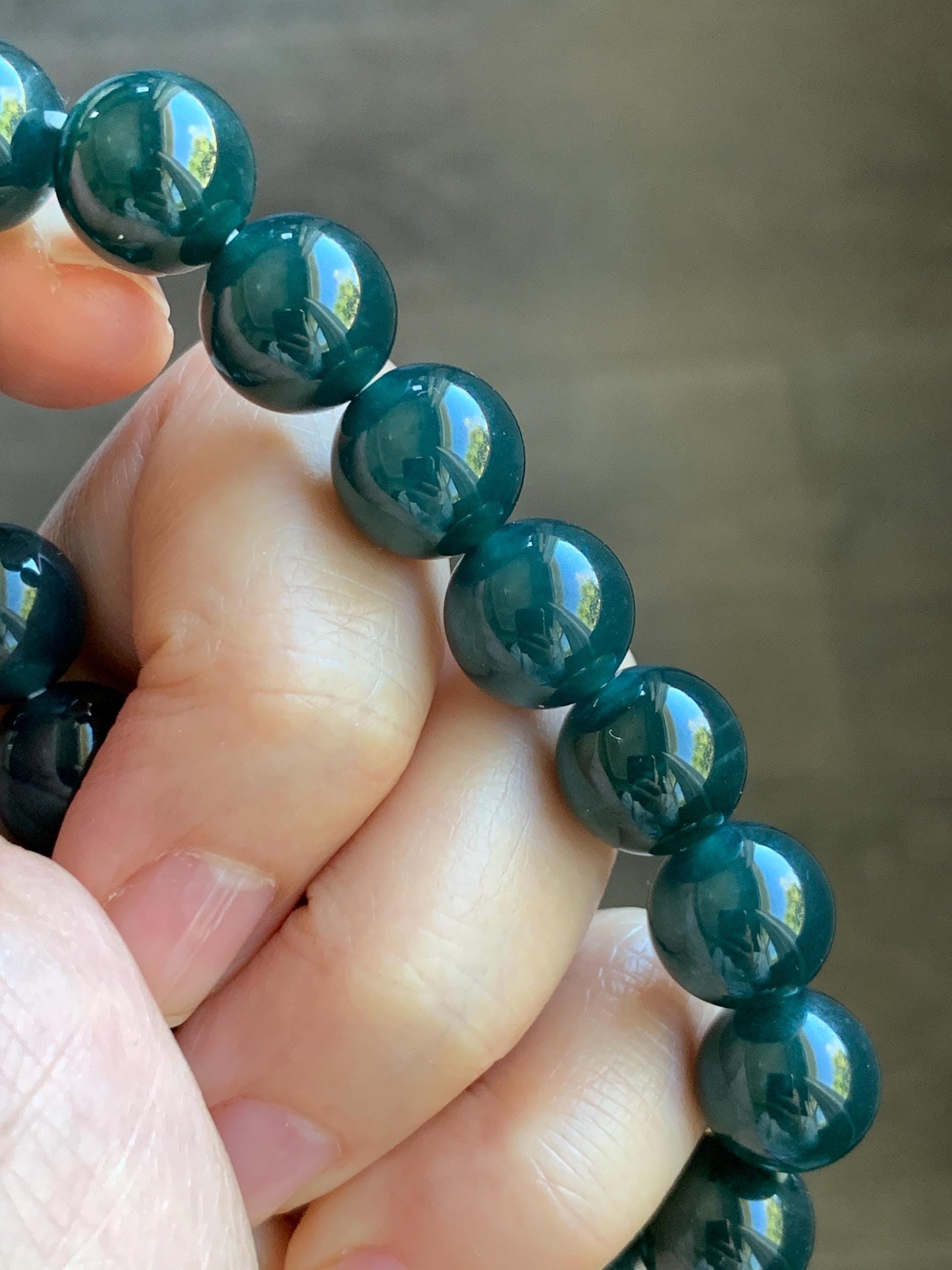 Natural Guatemalan Grade A Icy Translucent Dark Teal Green Jade Jadeite Beaded Bracelet Stretchy 11.8mm 7.25” 47g 天然冰危老种深蓝绿翡翠圆珠手串 SLW328