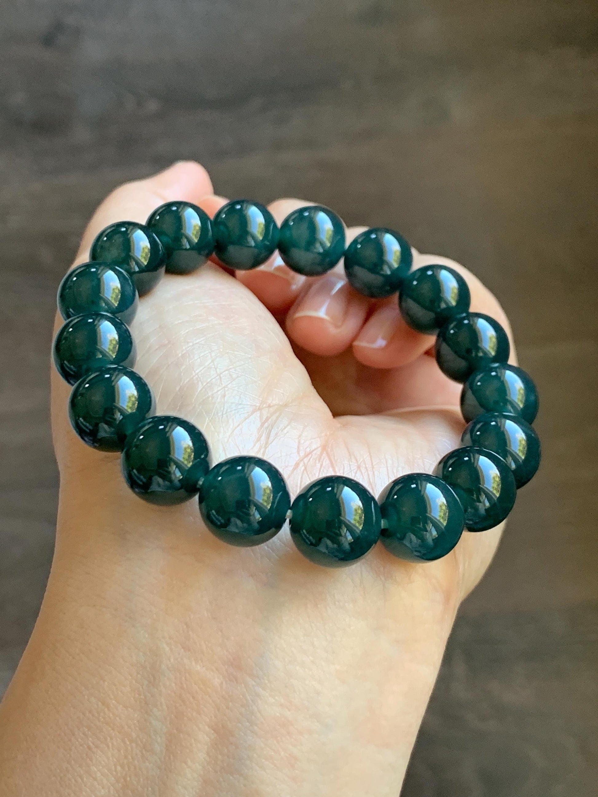 Natural Guatemalan Grade A Icy Translucent Dark Teal Green Jade Jadeite Beaded Bracelet Stretchy 11.8mm 7.25” 47g 天然冰危老种深蓝绿翡翠圆珠手串 SLW328
