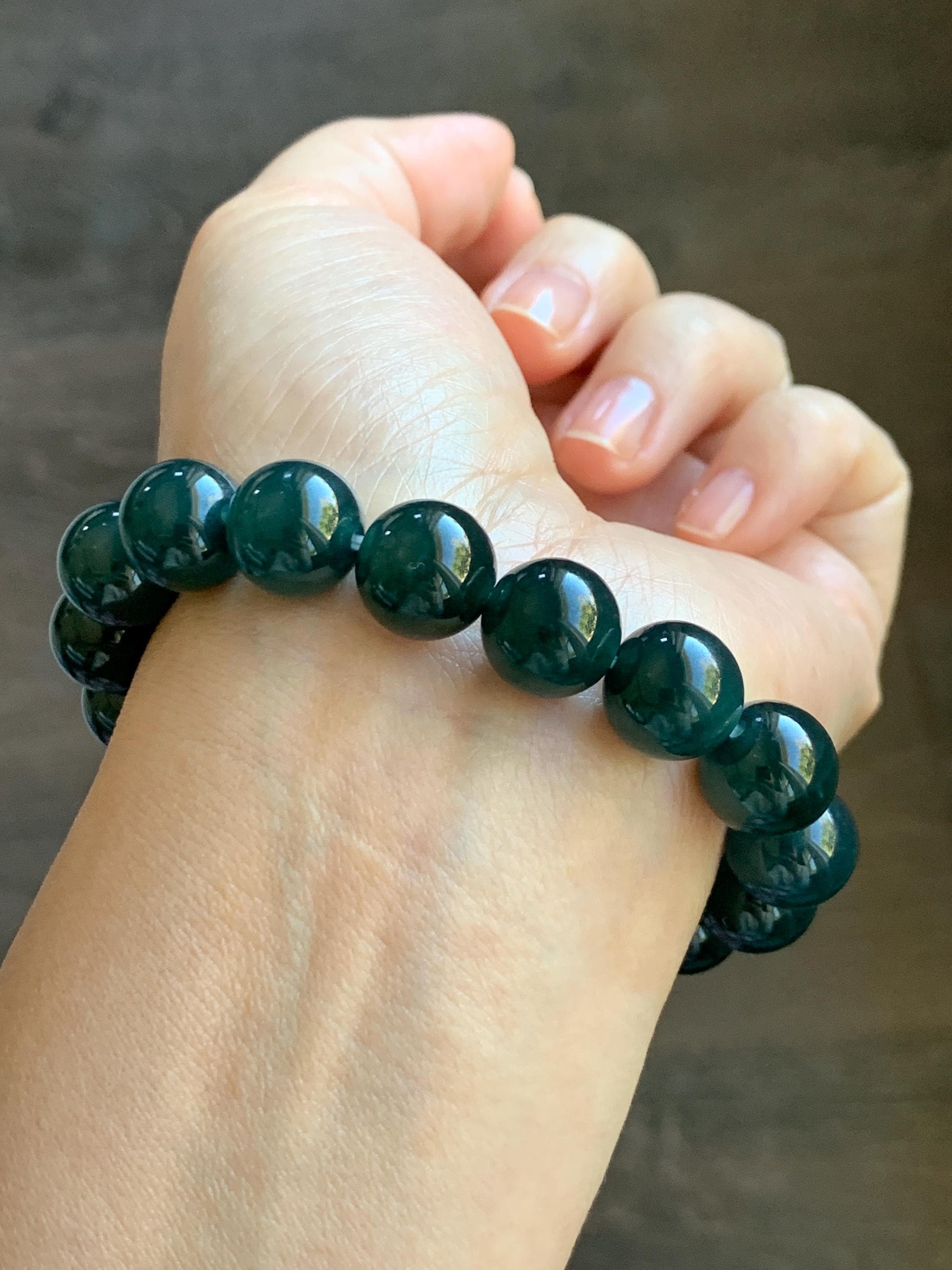 Natural Guatemalan Grade A Icy Translucent Dark Teal Green Jade Jadeite Beaded Bracelet Stretchy 11.8mm 7.25” 47g 天然冰危老种深蓝绿翡翠圆珠手串 SLW328