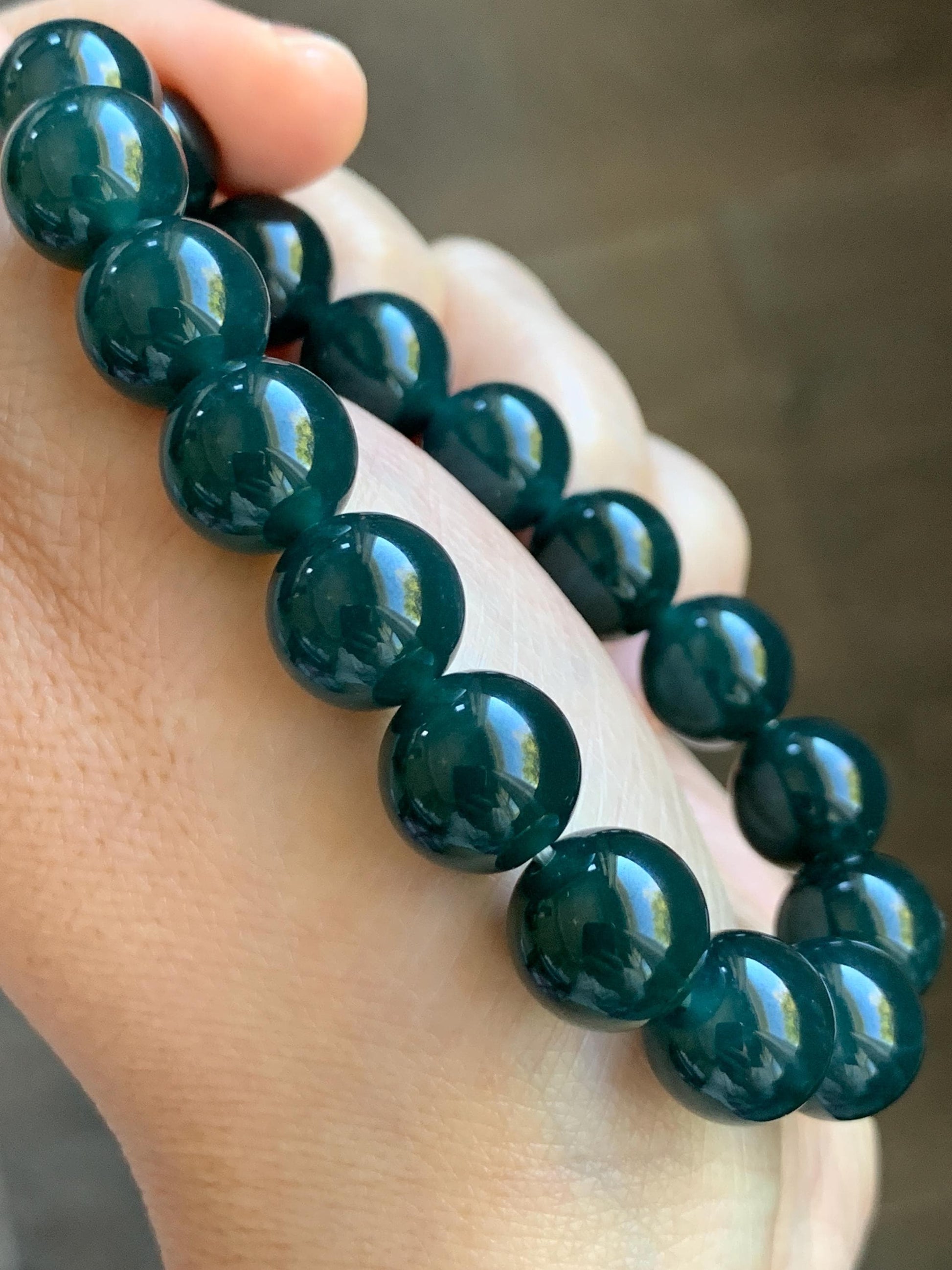 Natural Guatemalan Grade A Icy Translucent Dark Teal Green Jade Jadeite Beaded Bracelet Stretchy 11.8mm 7.25” 47g 天然冰危老种深蓝绿翡翠圆珠手串 SLW328