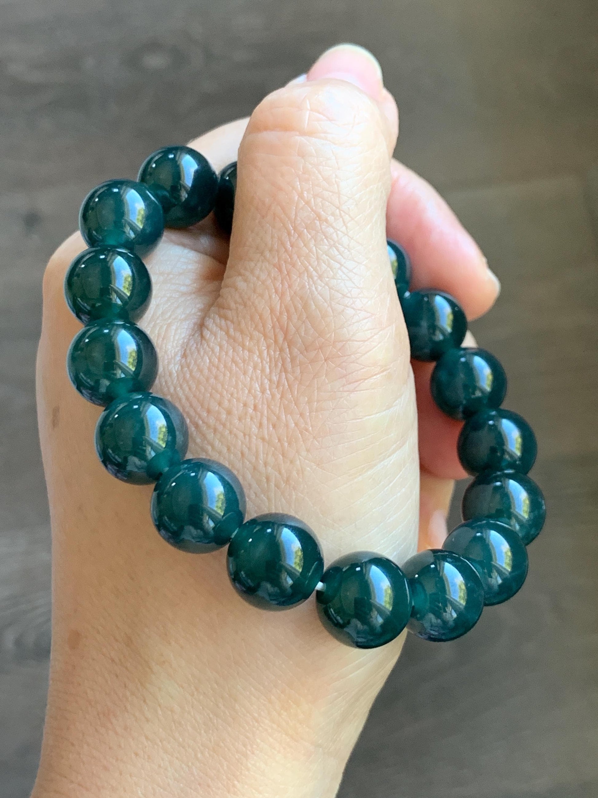 Natural Guatemalan Grade A Icy Translucent Dark Teal Green Jade Jadeite Beaded Bracelet Stretchy 11.8mm 7.25” 47g 天然冰危老种深蓝绿翡翠圆珠手串 SLW328