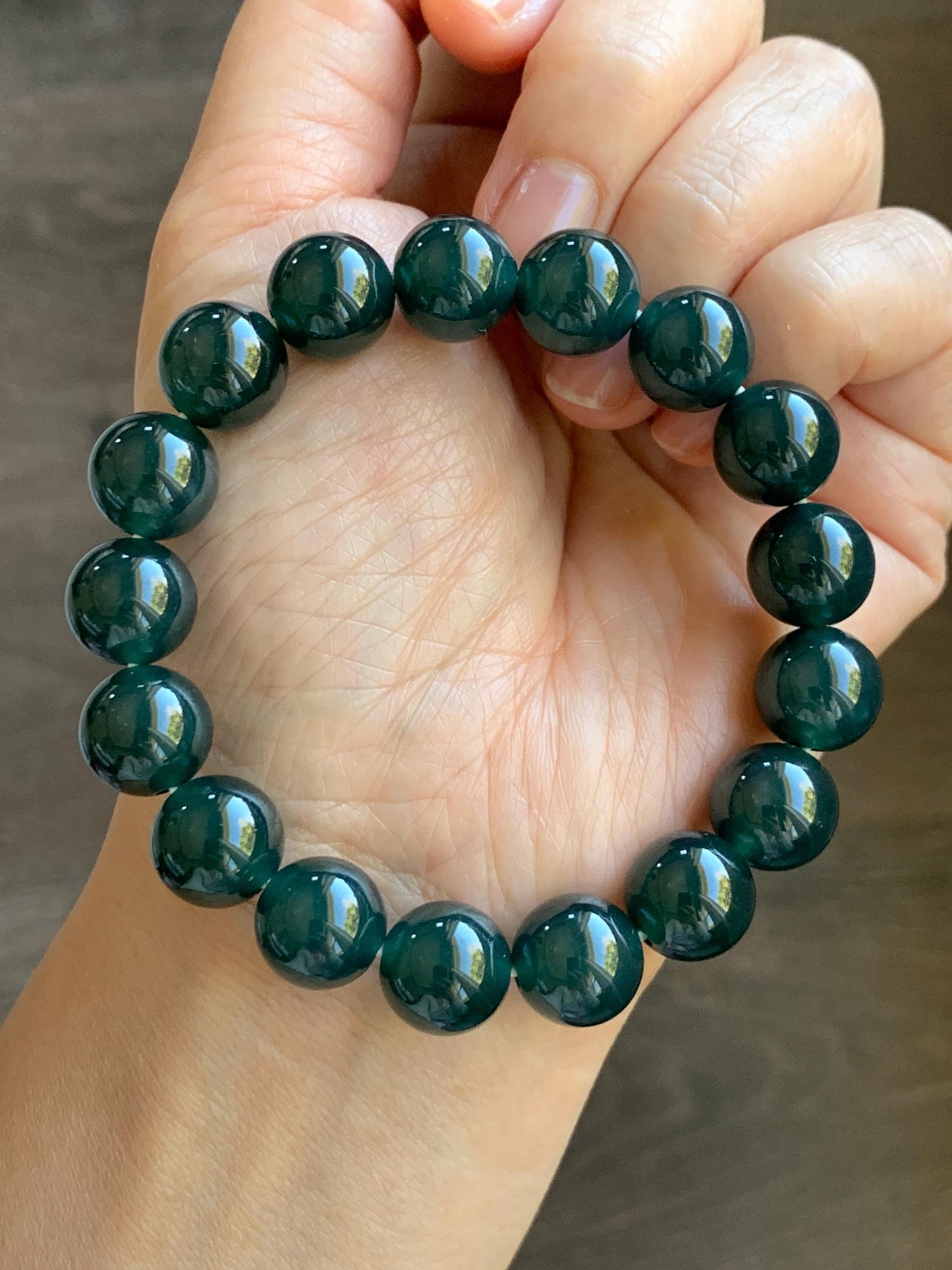 Natural Guatemalan Grade A Icy Translucent Dark Teal Green Jade Jadeite Beaded Bracelet Stretchy 11.8mm 7.25” 47g 天然冰危老种深蓝绿翡翠圆珠手串 SLW328