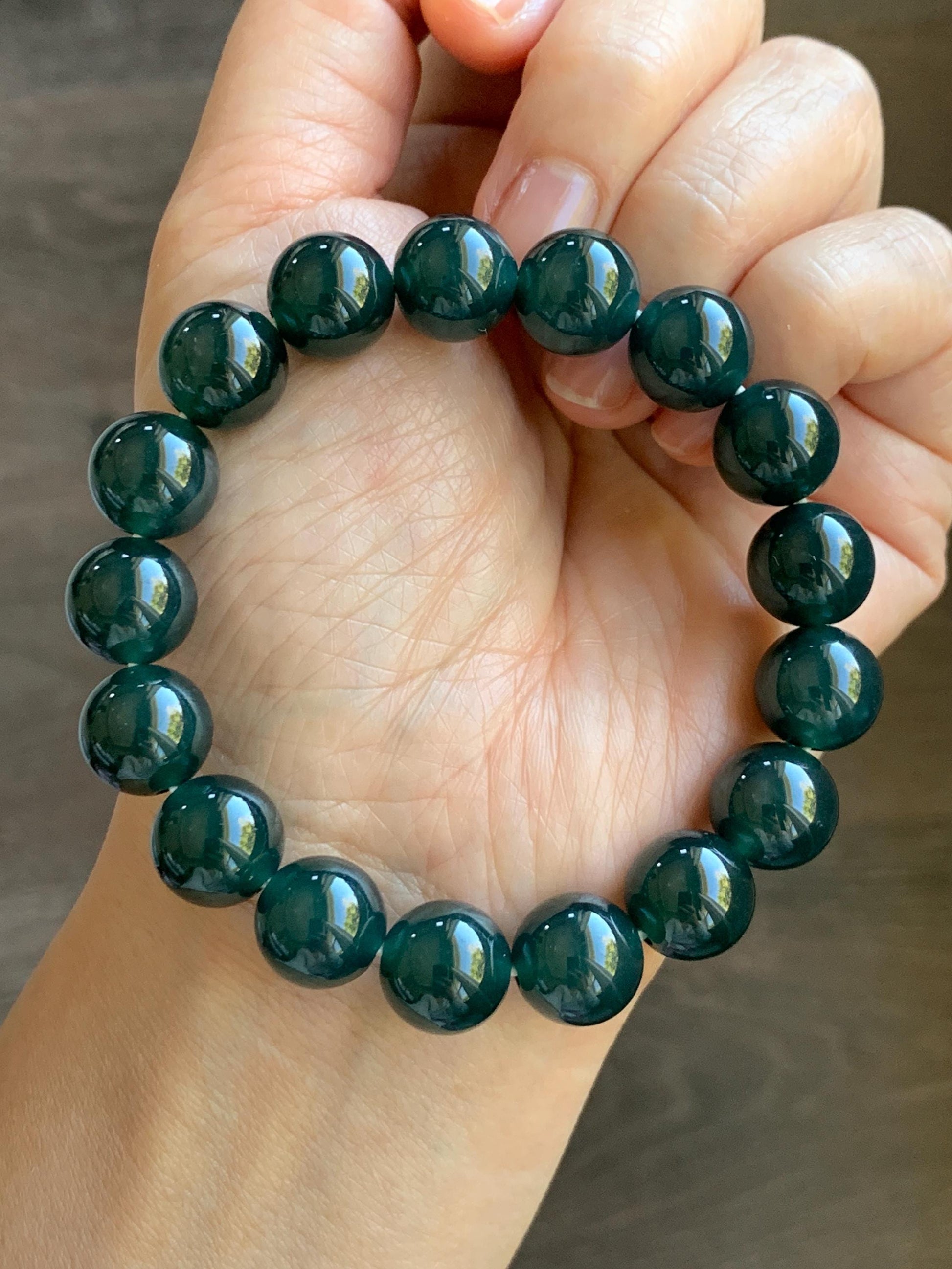 Natural Guatemalan Grade A Icy Translucent Dark Teal Green Jade Jadeite Beaded Bracelet Stretchy 11.8mm 7.25” 47g 天然冰危老种深蓝绿翡翠圆珠手串 SLW328