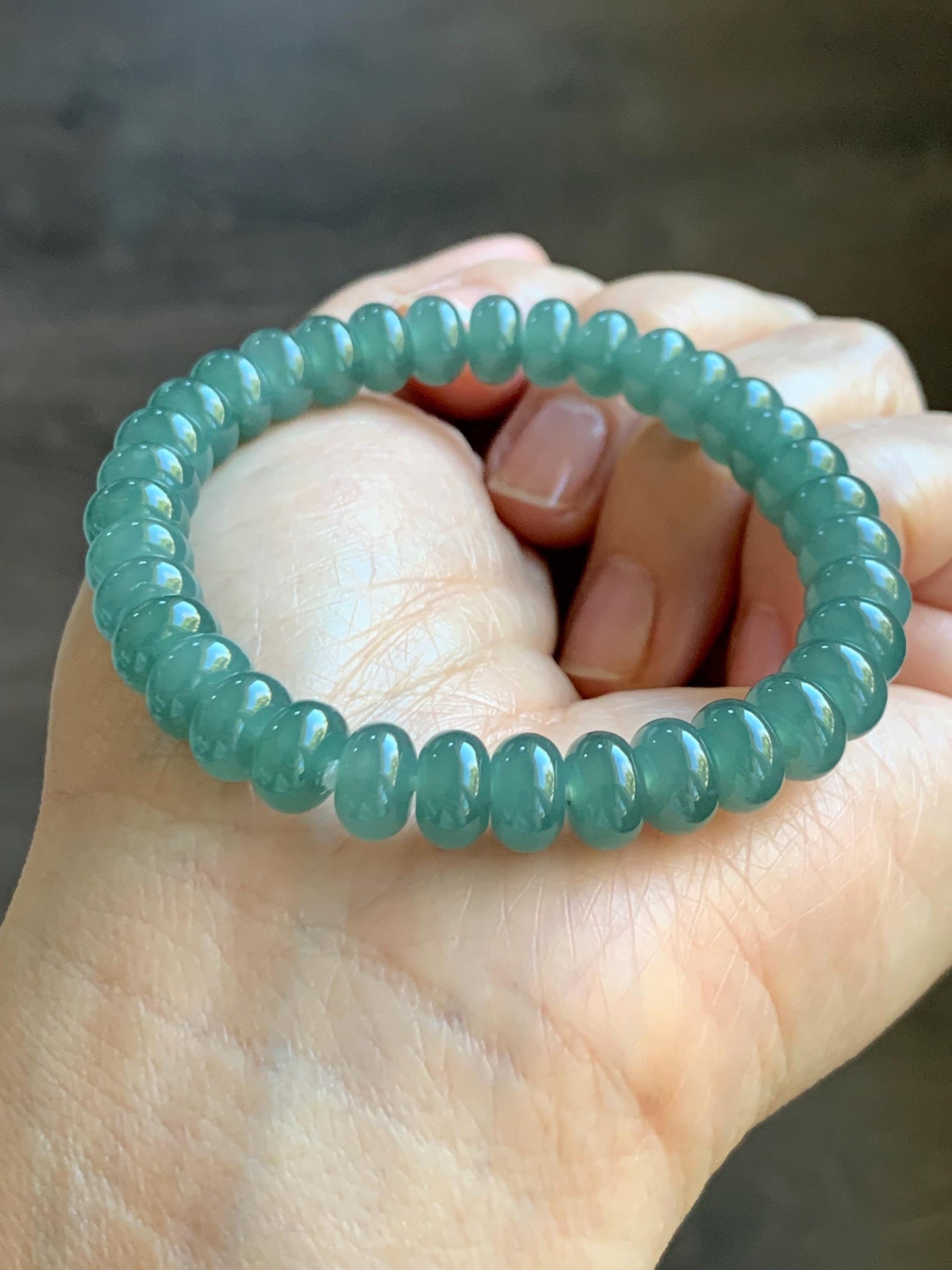 Natural Grade A Guatemalan Icy Translucent Dusty Teal Green Jade Jadeite Drum Beads Beaded Bracelet Stretchy 6.75” 22g 天然冰危蓝绿翡翠鼓珠手串 WAL480