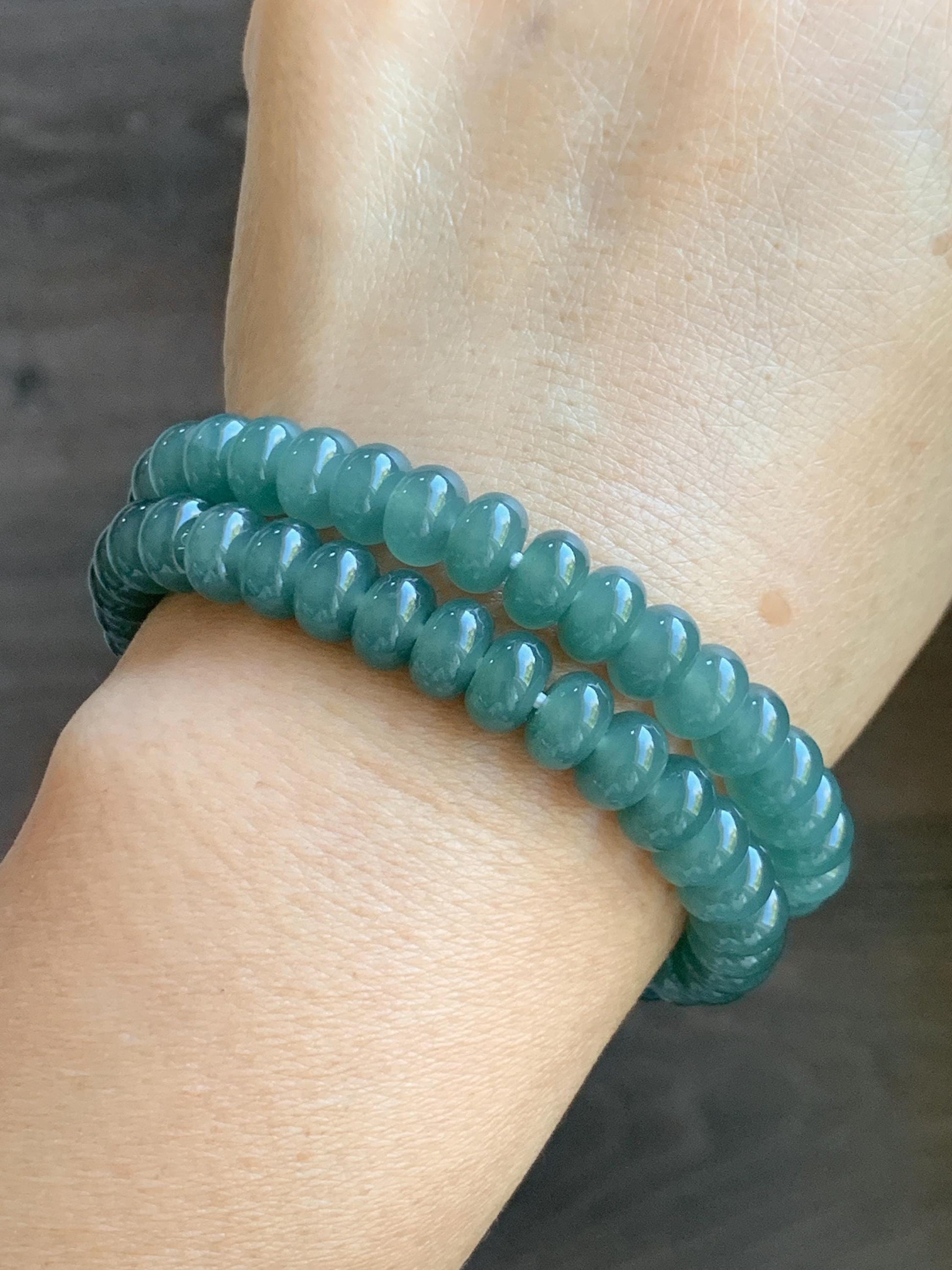 Natural Grade A Guatemalan Icy Translucent Dusty Teal Green Jade Jadeite Drum Beads Beaded Bracelet Stretchy 6.75” 22g 天然冰危蓝绿翡翠鼓珠手串 WAL480