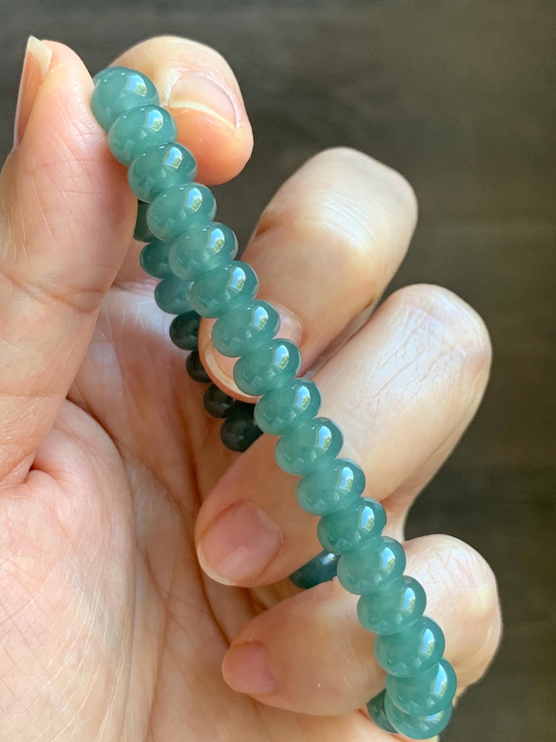 Natural Grade A Guatemalan Icy Translucent Dusty Teal Green Jade Jadeite Drum Beads Beaded Bracelet Stretchy 6.75” 22g 天然冰危蓝绿翡翠鼓珠手串 WAL480