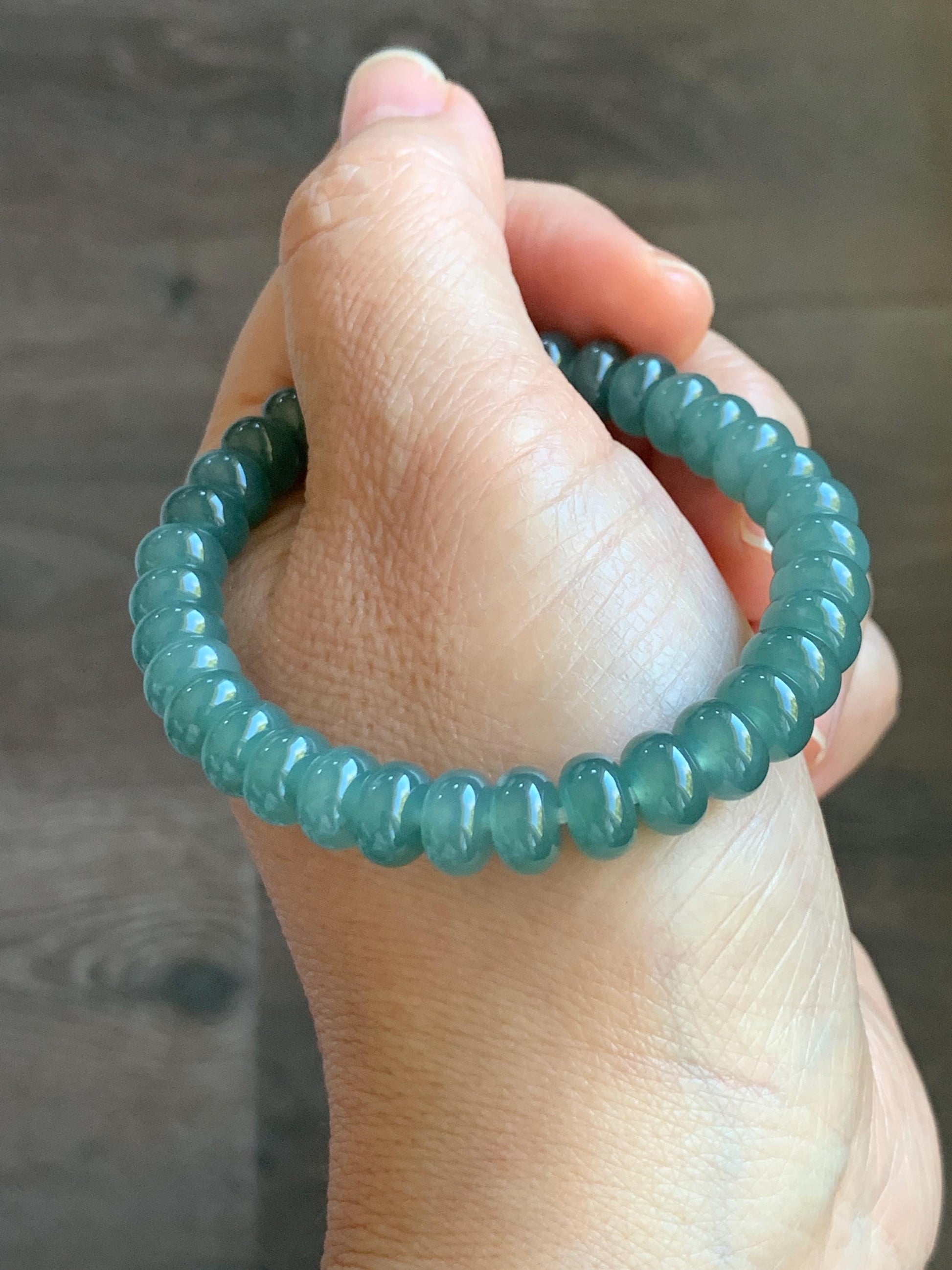 Natural Grade A Guatemalan Icy Translucent Dusty Teal Green Jade Jadeite Drum Beads Beaded Bracelet Stretchy 6.75” 22g 天然冰危蓝绿翡翠鼓珠手串 WAL480