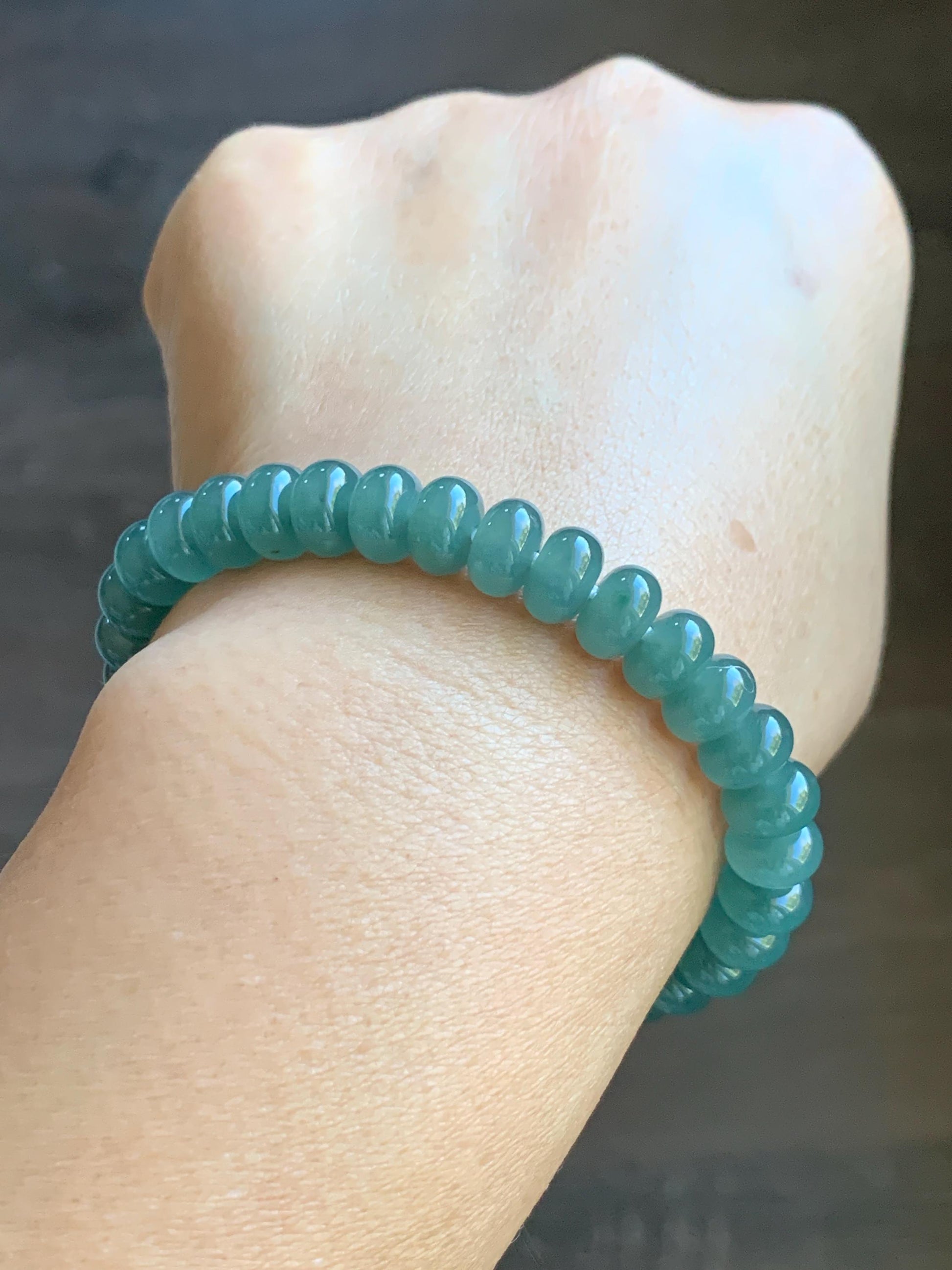 Natural Grade A Guatemalan Icy Translucent Dusty Teal Green Jade Jadeite Drum Beads Beaded Bracelet Stretchy 6.75” 22g 天然冰危蓝绿翡翠鼓珠手串 WAL480