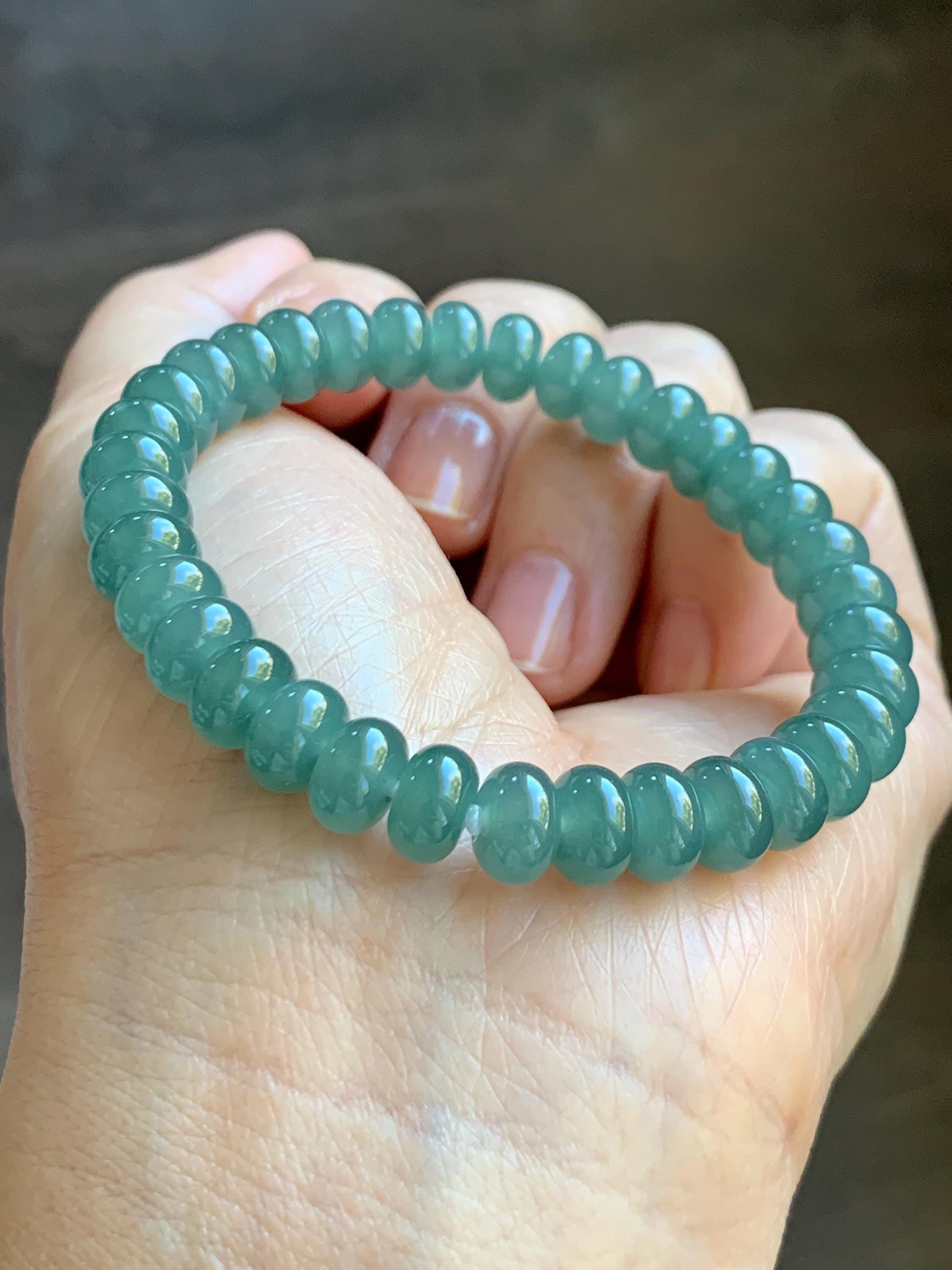 Natural Grade A Guatemalan Icy Translucent Dusty Teal Green Jade Jadeite Drum Beads Beaded Bracelet Stretchy 6.75” 22g 天然冰危蓝绿翡翠鼓珠手串 WAL480