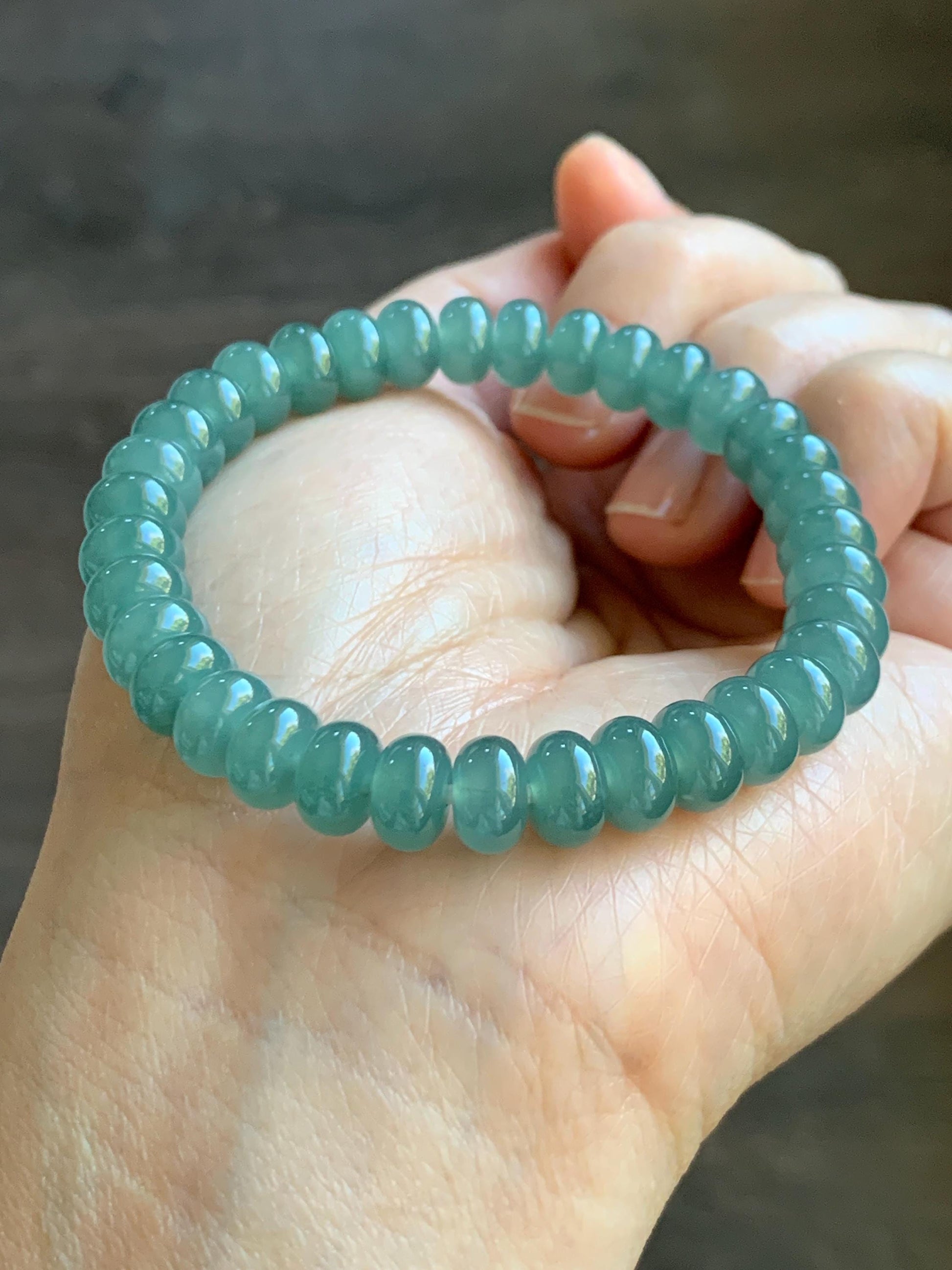 Natural Grade A Guatemalan Icy Translucent Dusty Teal Green Jade Jadeite Drum Beads Beaded Bracelet Stretchy 6.75” 22g 天然冰危蓝绿翡翠鼓珠手串 WAL480