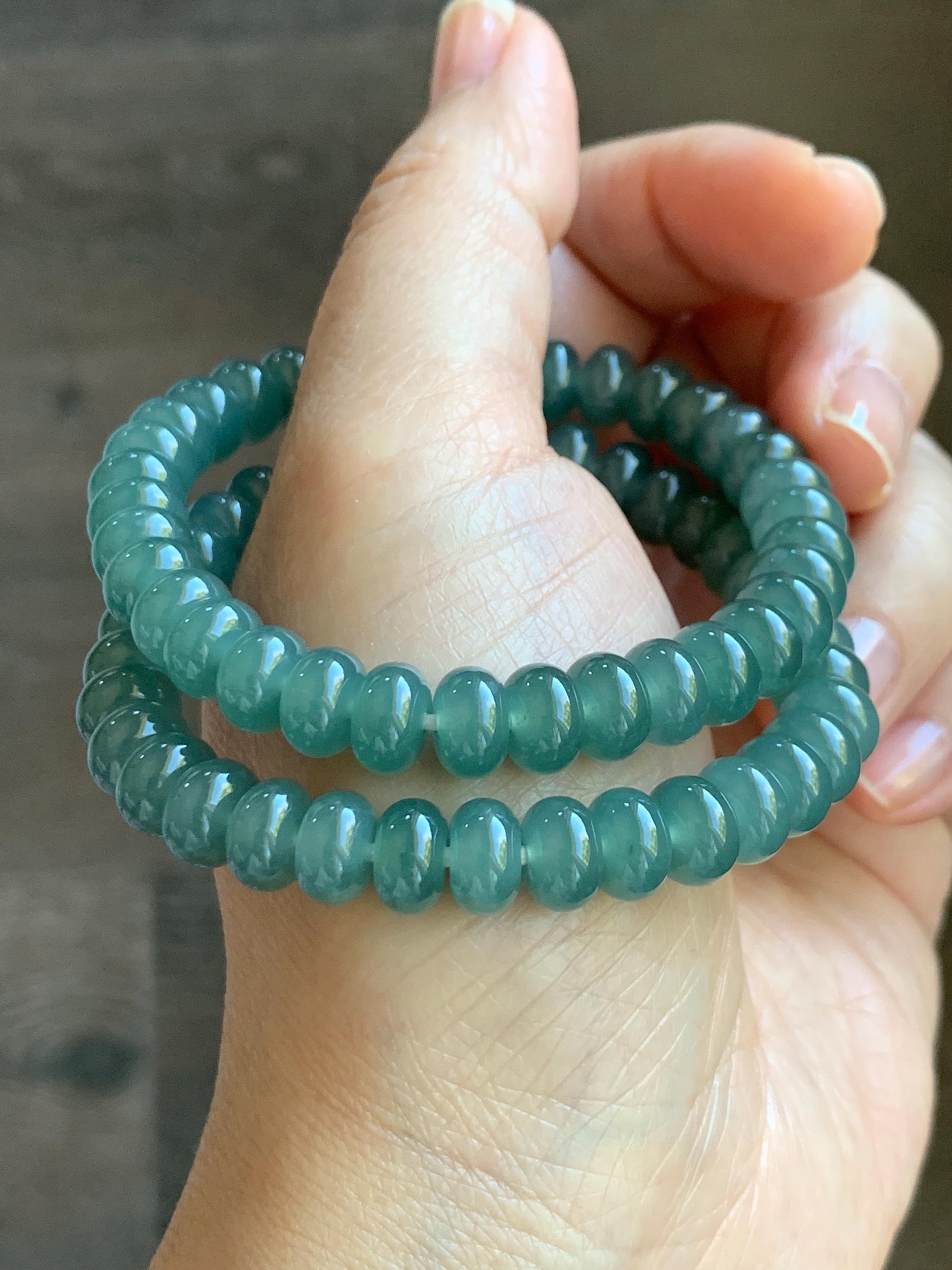 Natural Grade A Guatemalan Icy Translucent Dusty Teal Green Jade Jadeite Drum Beads Beaded Bracelet Stretchy 6.75” 22g 天然冰危蓝绿翡翠鼓珠手串 WAL480