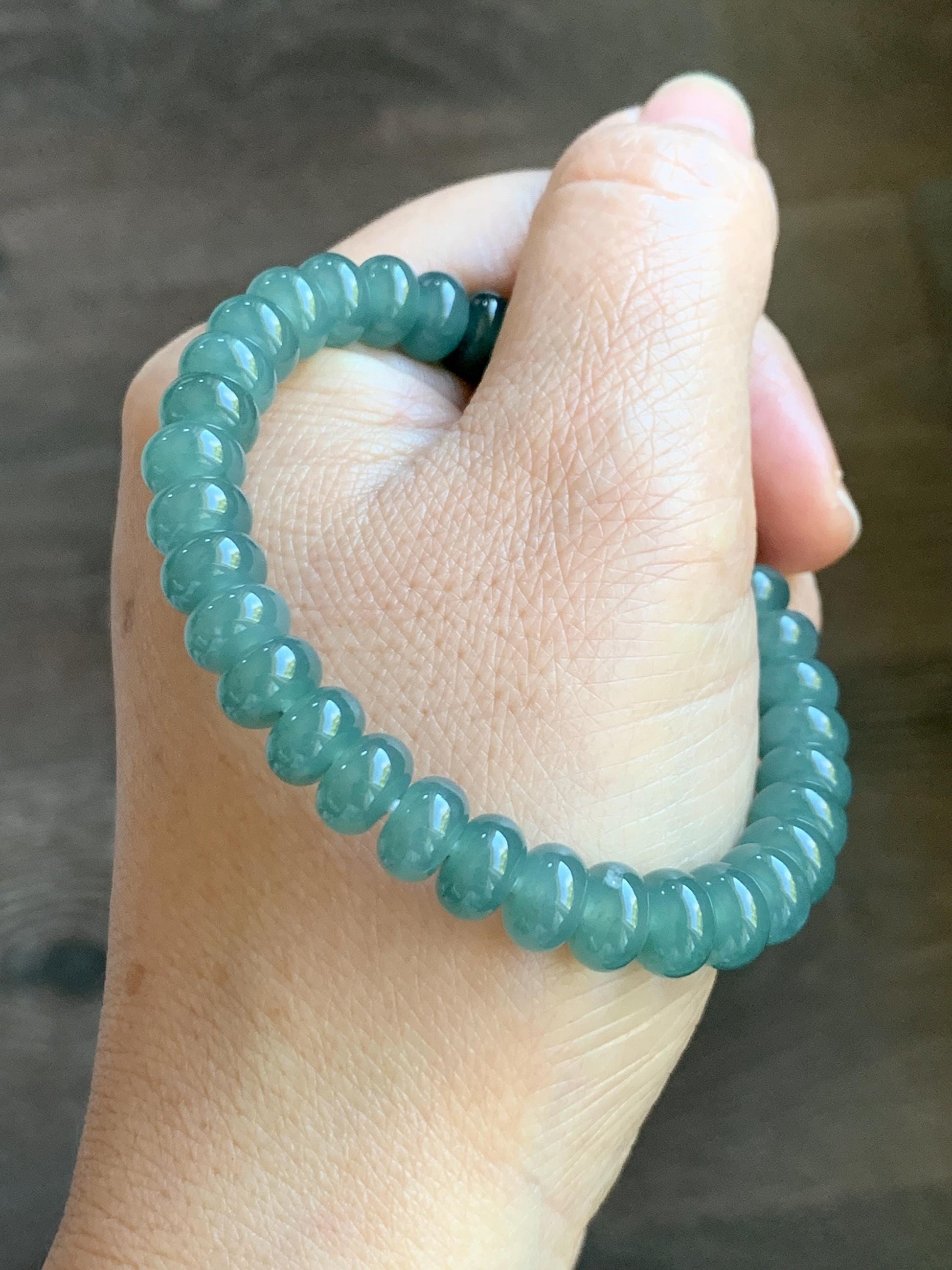 Natural Grade A Guatemalan Icy Translucent Dusty Teal Green Jade Jadeite Drum Beads Beaded Bracelet Stretchy 6.75” 22g 天然冰危蓝绿翡翠鼓珠手串 WAL480