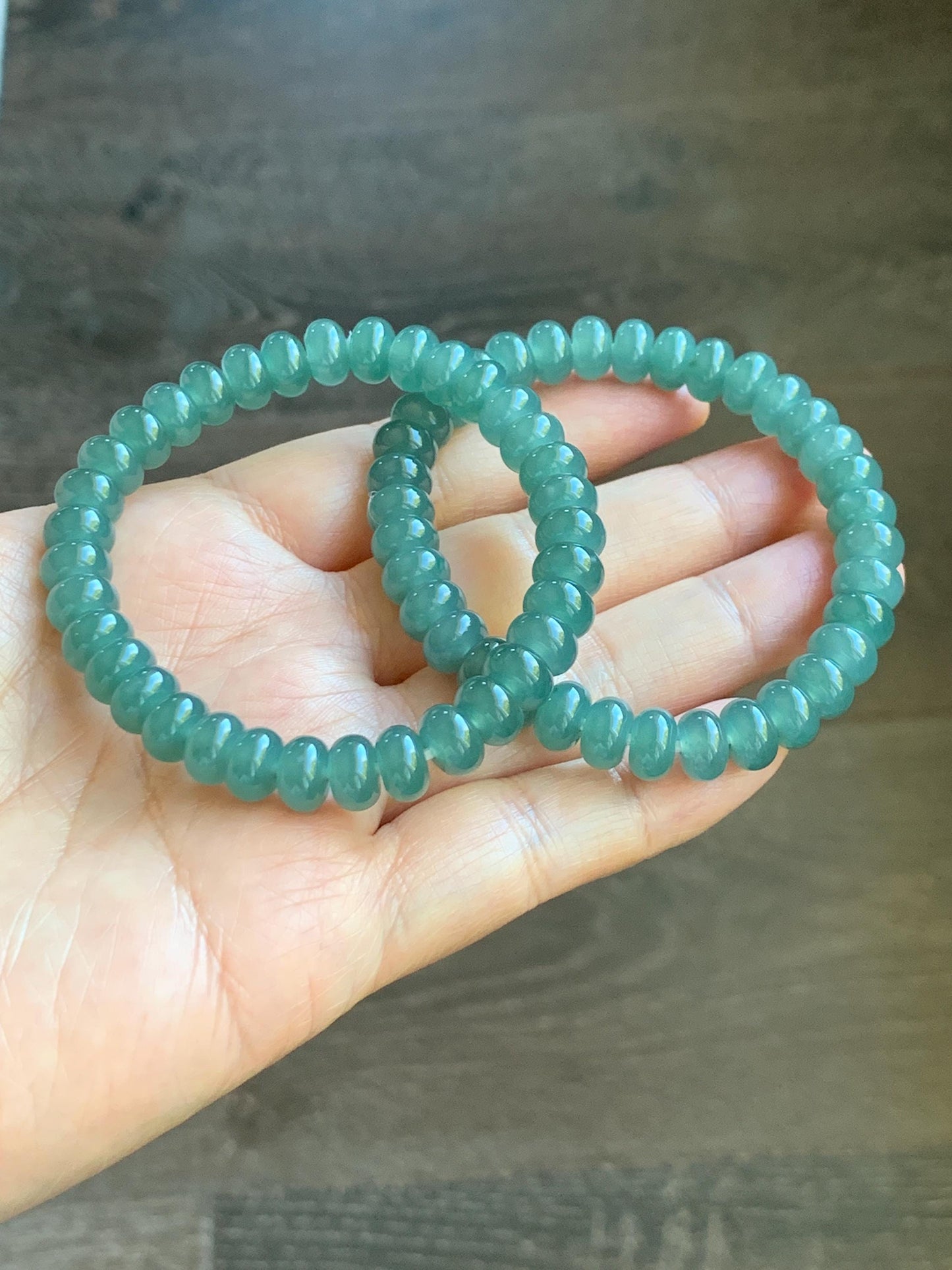 Natural Grade A Guatemalan Icy Translucent Dusty Teal Green Jade Jadeite Drum Beads Beaded Bracelet Stretchy 6.75” 22g 天然冰危蓝绿翡翠鼓珠手串 WAL480