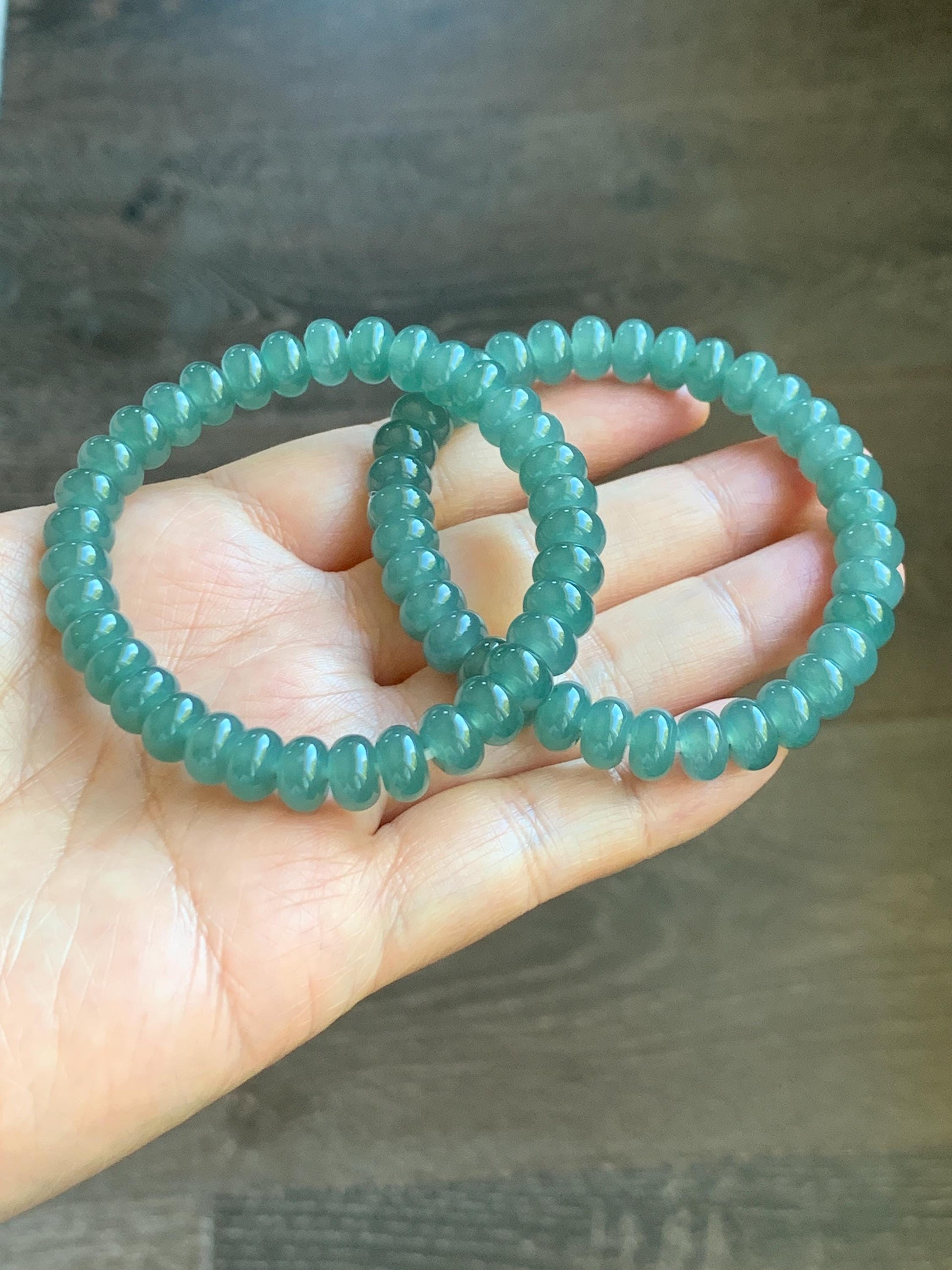 Natural Grade A Guatemalan Icy Translucent Dusty Teal Green Jade Jadeite Drum Beads Beaded Bracelet Stretchy 6.75” 22g 天然冰危蓝绿翡翠鼓珠手串 WAL480