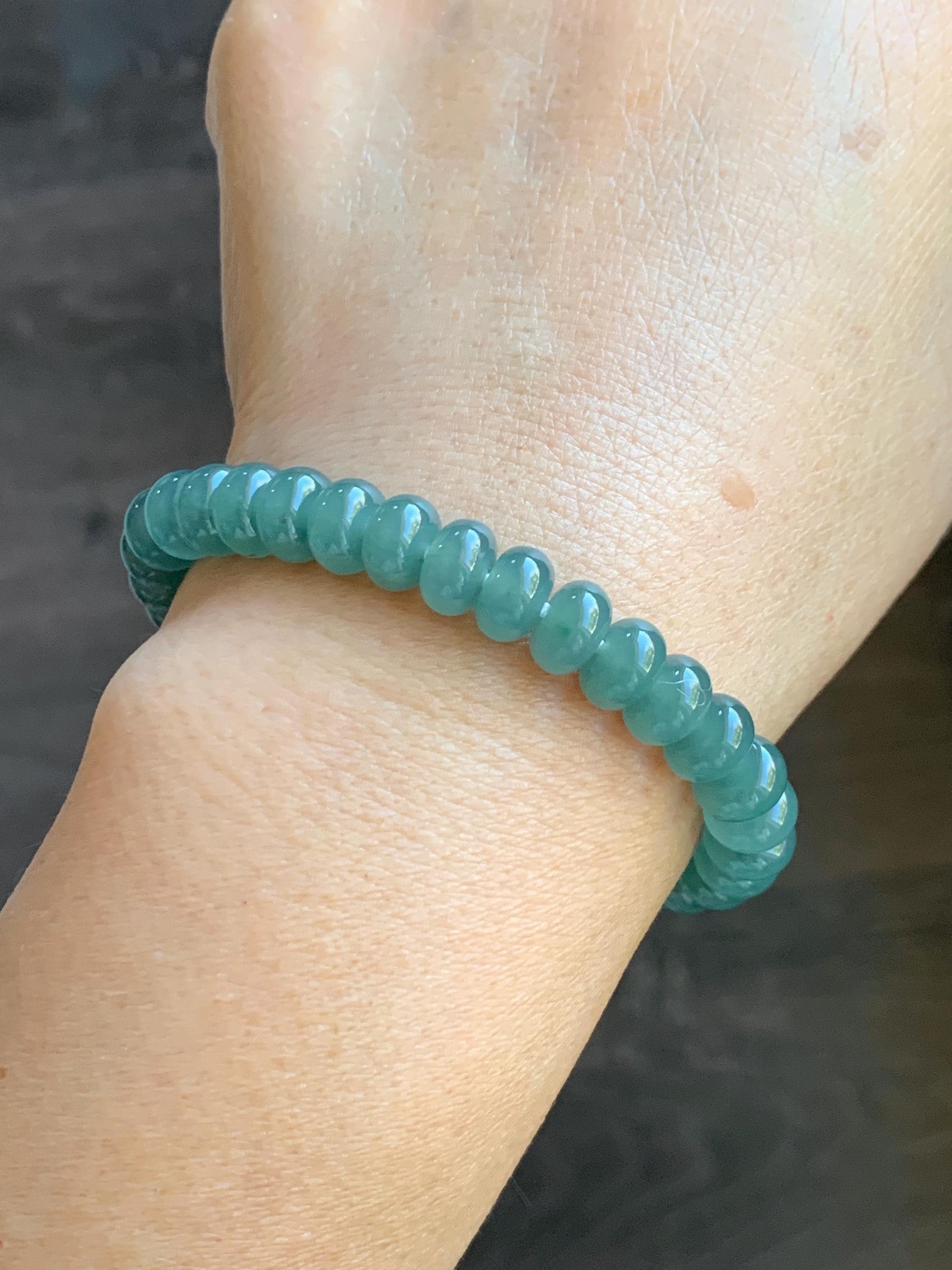 Natural Grade A Guatemalan Icy Translucent Dusty Teal Green Jade Jadeite Drum Beads Beaded Bracelet Stretchy 6.75” 22g 天然冰危蓝绿翡翠鼓珠手串 WAL480