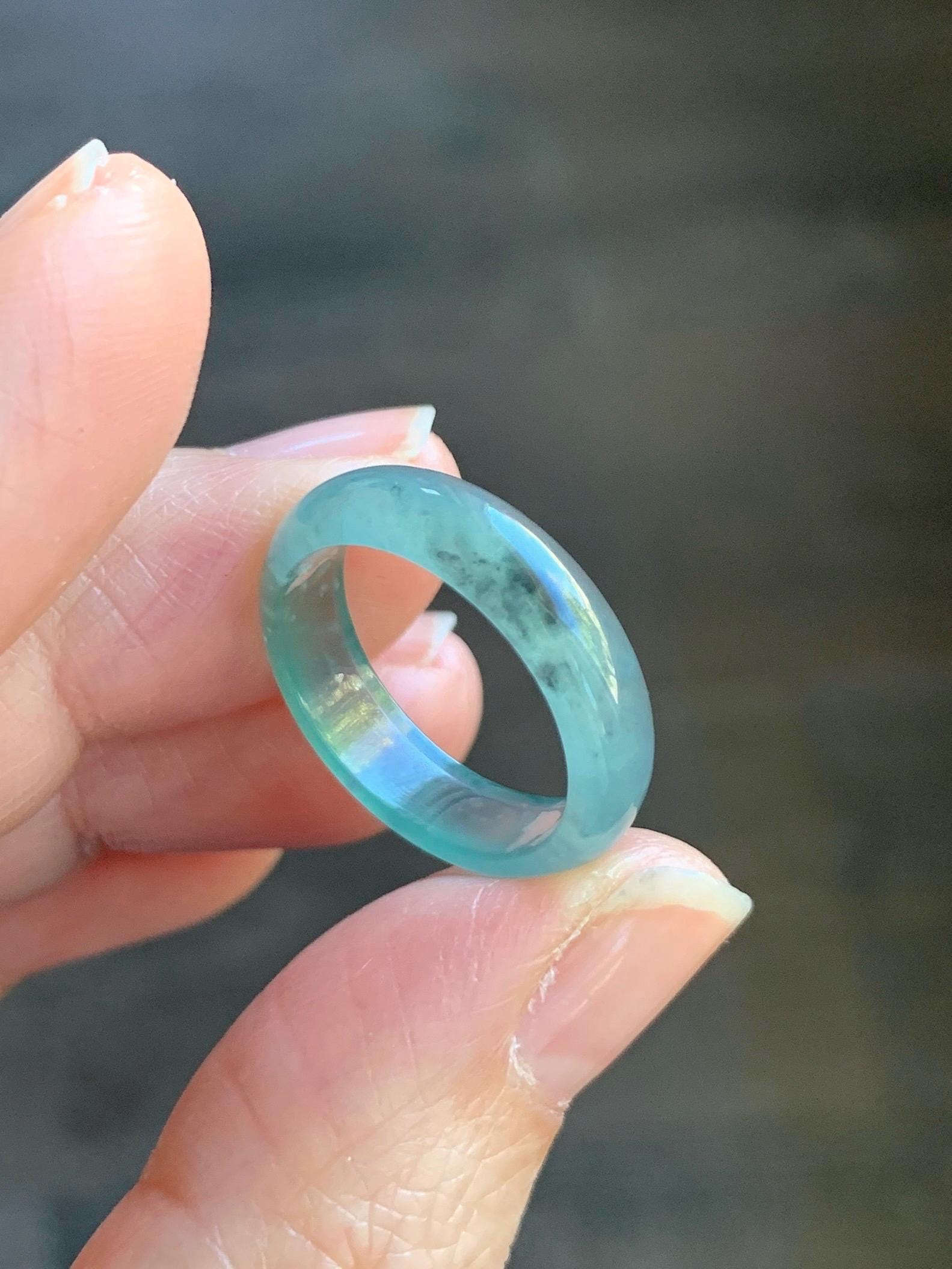 Natural Grade A Guatemalan Icy Highly Translucent Light Teal Blue Wuji Jade Jadeite Band Ring Size 6.5 US 天然冰胶危蓝绿乌鸡翡翠戒圈 GWW330D