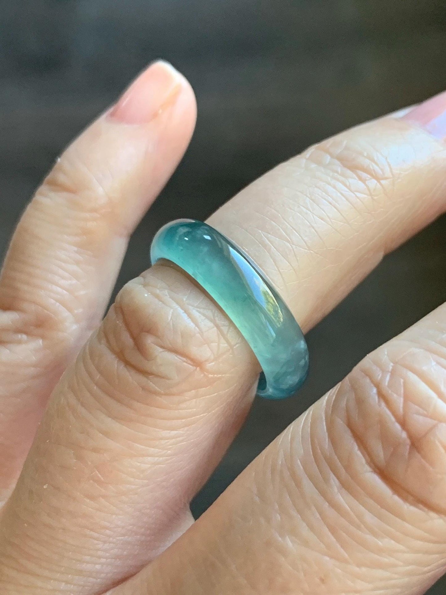 Natural Grade A Guatemalan Icy Highly Translucent Light Teal Blue Wuji Jade Jadeite Band Ring Size 6.5 US 天然冰胶危蓝绿乌鸡翡翠戒圈 GWW330D