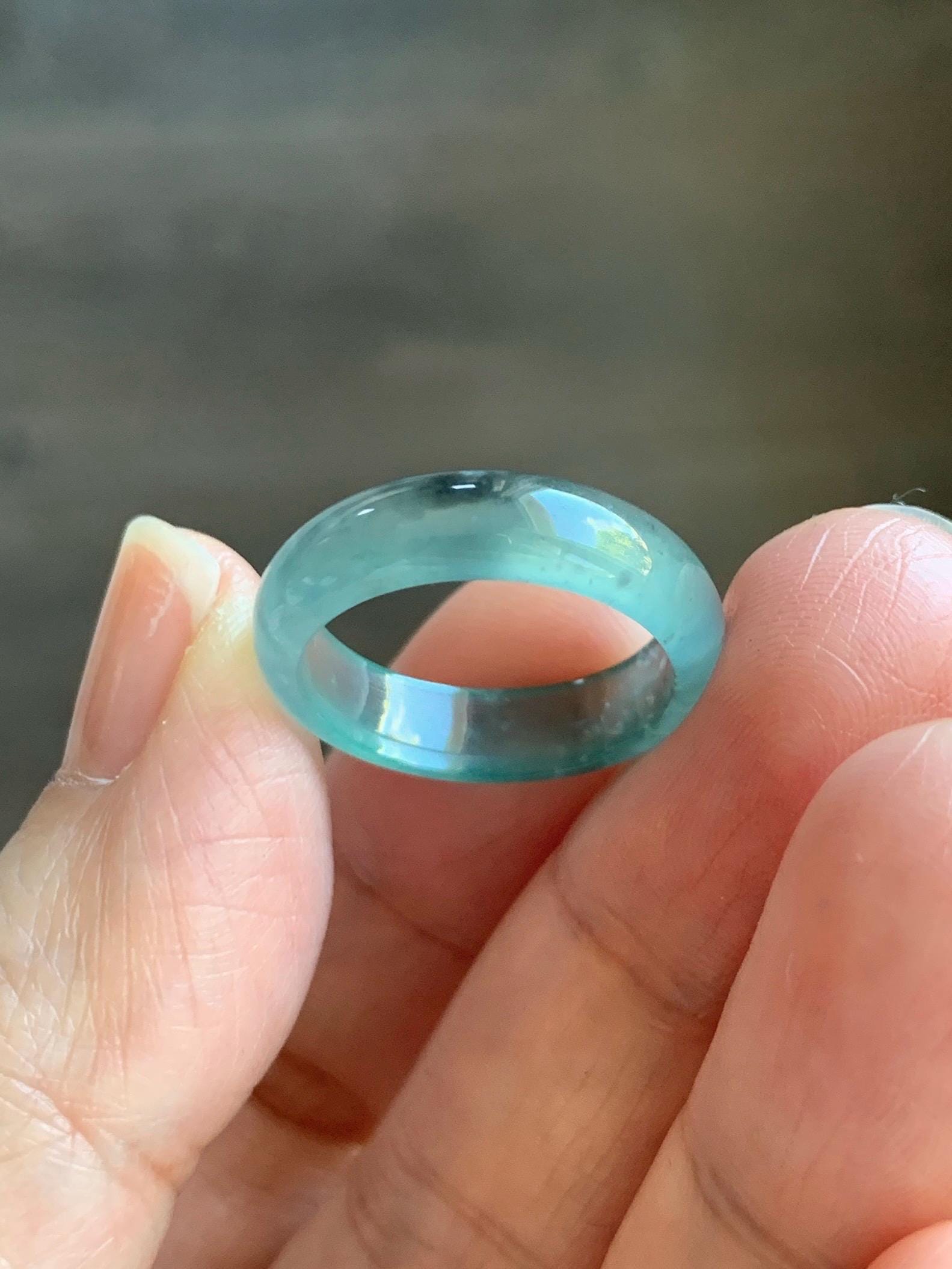 Natural Grade A Guatemalan Icy Highly Translucent Light Teal Blue Wuji Jade Jadeite Band Ring Size 6.5 US 天然冰胶危蓝绿乌鸡翡翠戒圈 GWW330D
