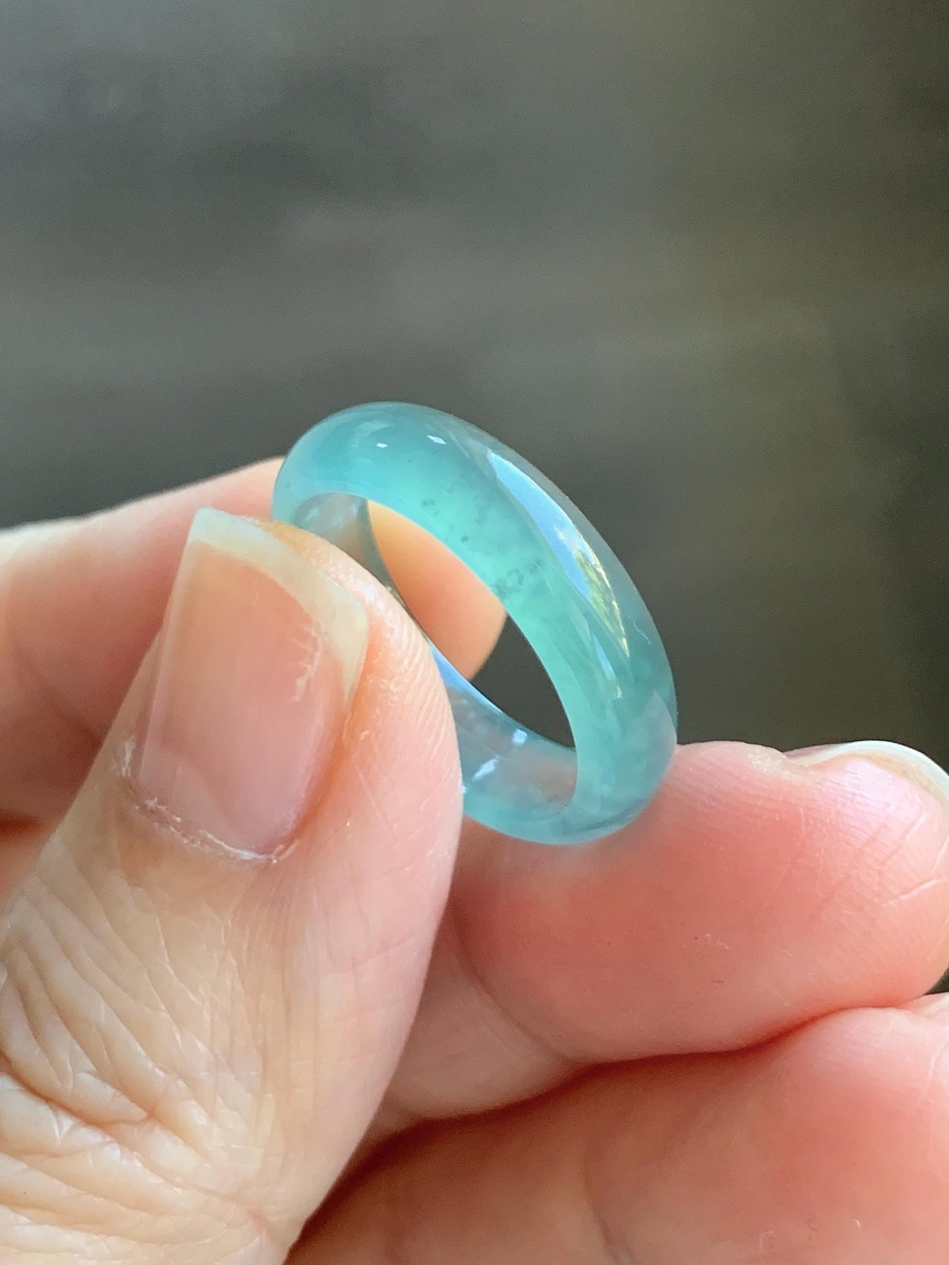 Natural Grade A Guatemalan Icy Highly Translucent Light Teal Blue Wuji Jade Jadeite Band Ring Size 6.5 US 天然冰胶危蓝绿乌鸡翡翠戒圈 GWW330D
