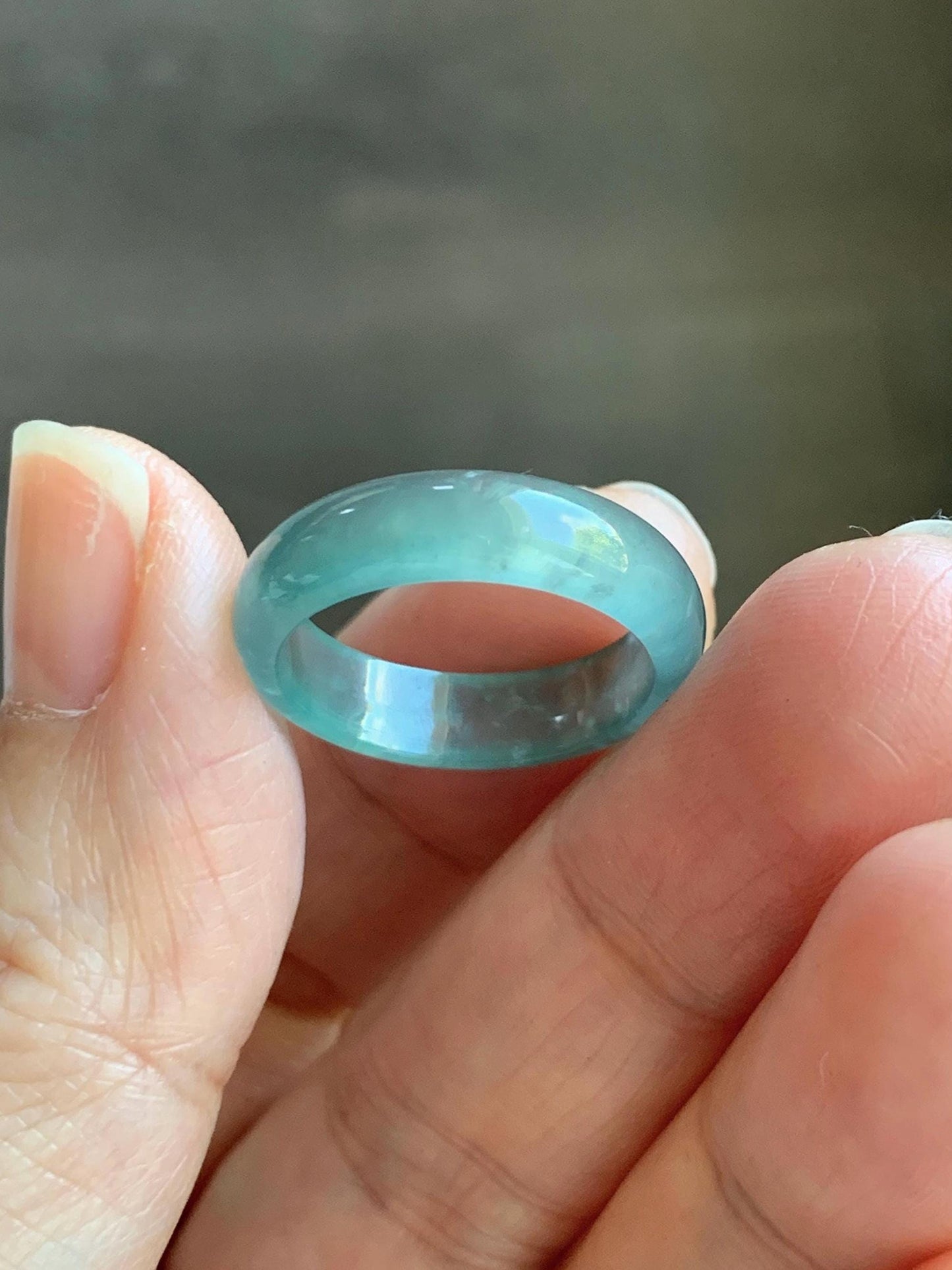 Natural Grade A Guatemalan Icy Highly Translucent Light Teal Blue Wuji Jade Jadeite Band Ring Size 6.5 US 天然冰胶危蓝绿乌鸡翡翠戒圈 GWW330D
