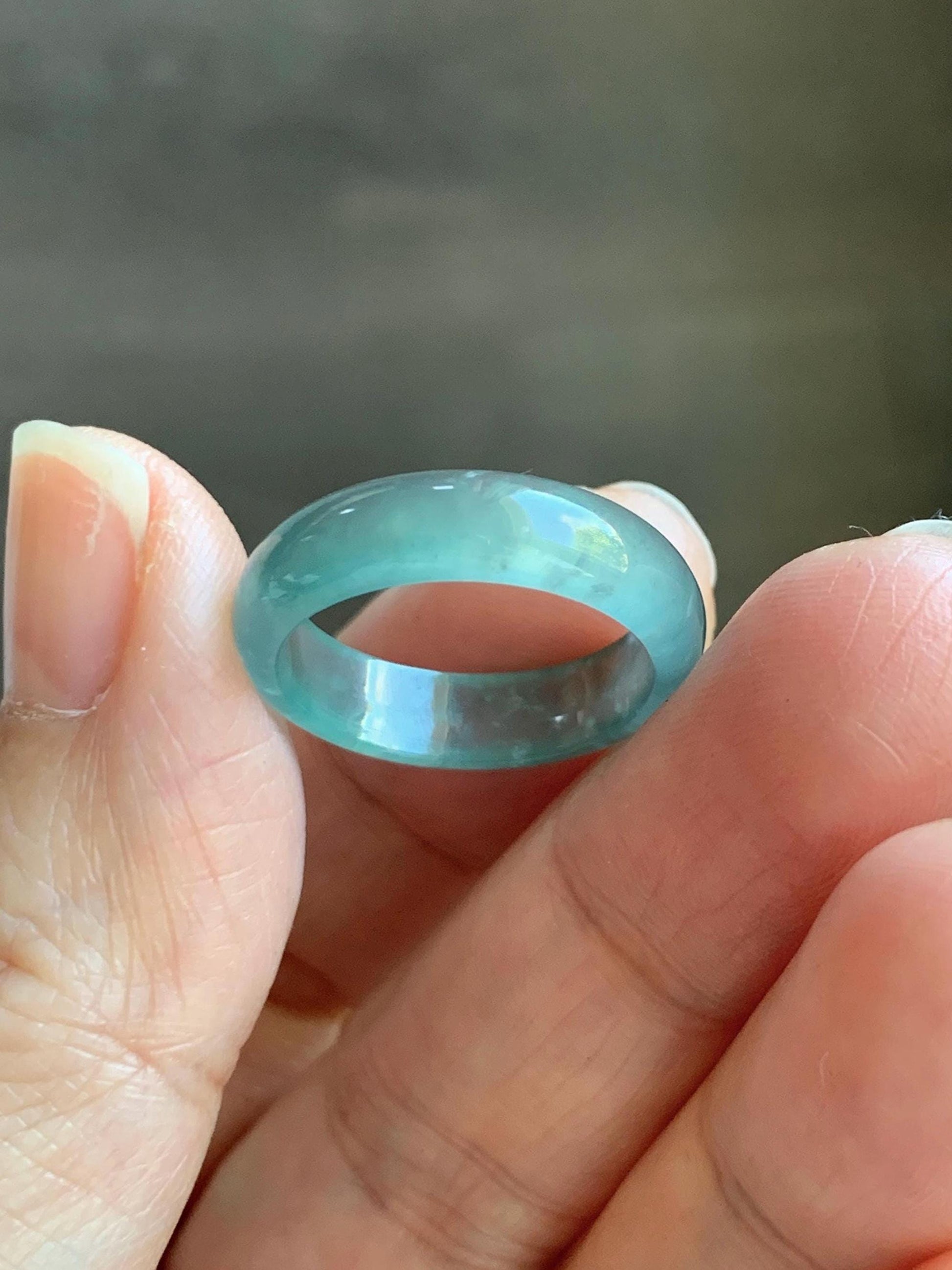 Natural Grade A Guatemalan Icy Highly Translucent Light Teal Blue Wuji Jade Jadeite Band Ring Size 6.5 US 天然冰胶危蓝绿乌鸡翡翠戒圈 GWW330D