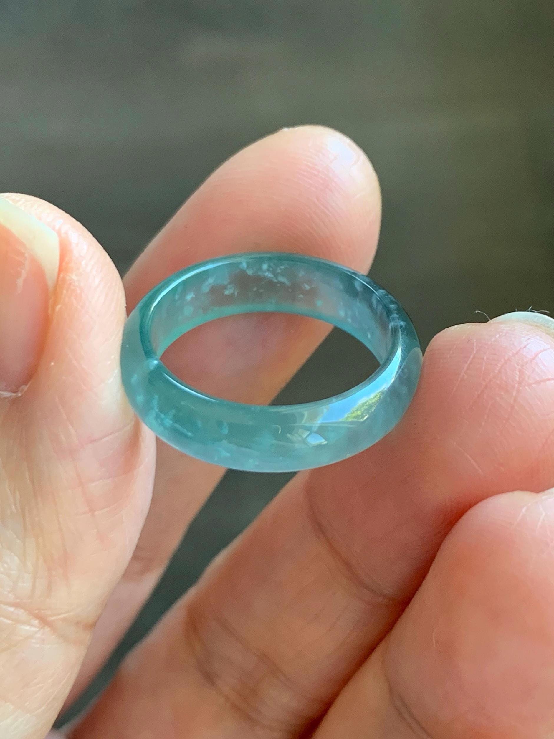 Natural Grade A Guatemalan Icy Highly Translucent Light Teal Blue Wuji Jade Jadeite Band Ring Size 6.5 US 天然冰胶危蓝绿乌鸡翡翠戒圈 GWW330D