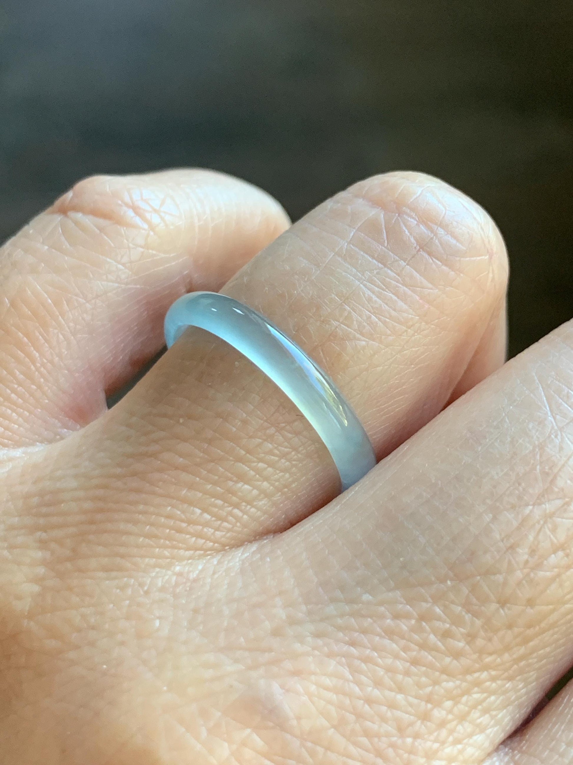 Natural Grade A Guatemalan Icy Highly Translucent Pastel Blue Jade Jadeite Band Ring Size 8.75 US 天然冰危淡蓝起光翡翠戒圈 XWL55B