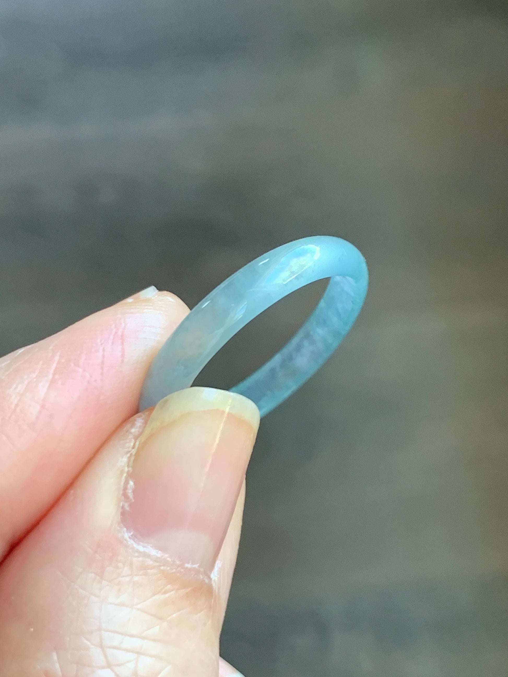 Natural Grade A Guatemalan Icy Highly Translucent Light Teal Blue Jade Jadeite Band Ring Size 8.75 US 天然冰危淡蓝起光翡翠戒圈 XWL55A