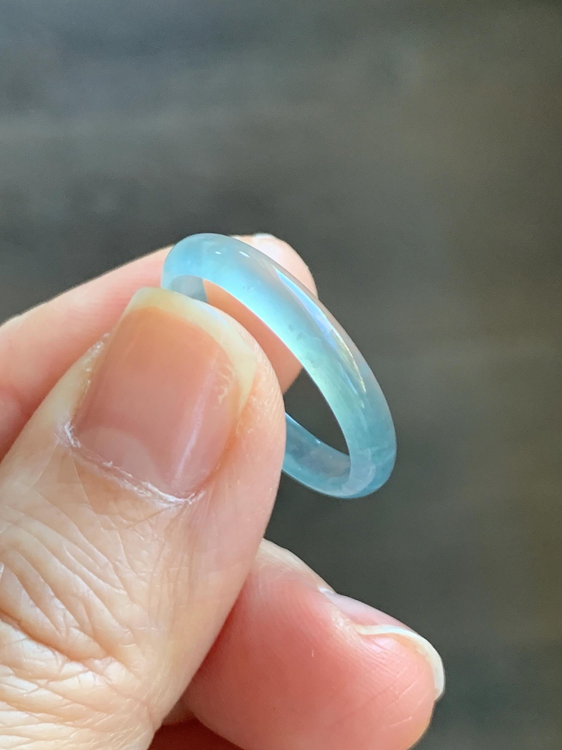 Natural Grade A Guatemalan Icy Highly Translucent Light Teal Blue Jade Jadeite Band Ring Size 8.75 US 天然冰危淡蓝起光翡翠戒圈 XWL55A