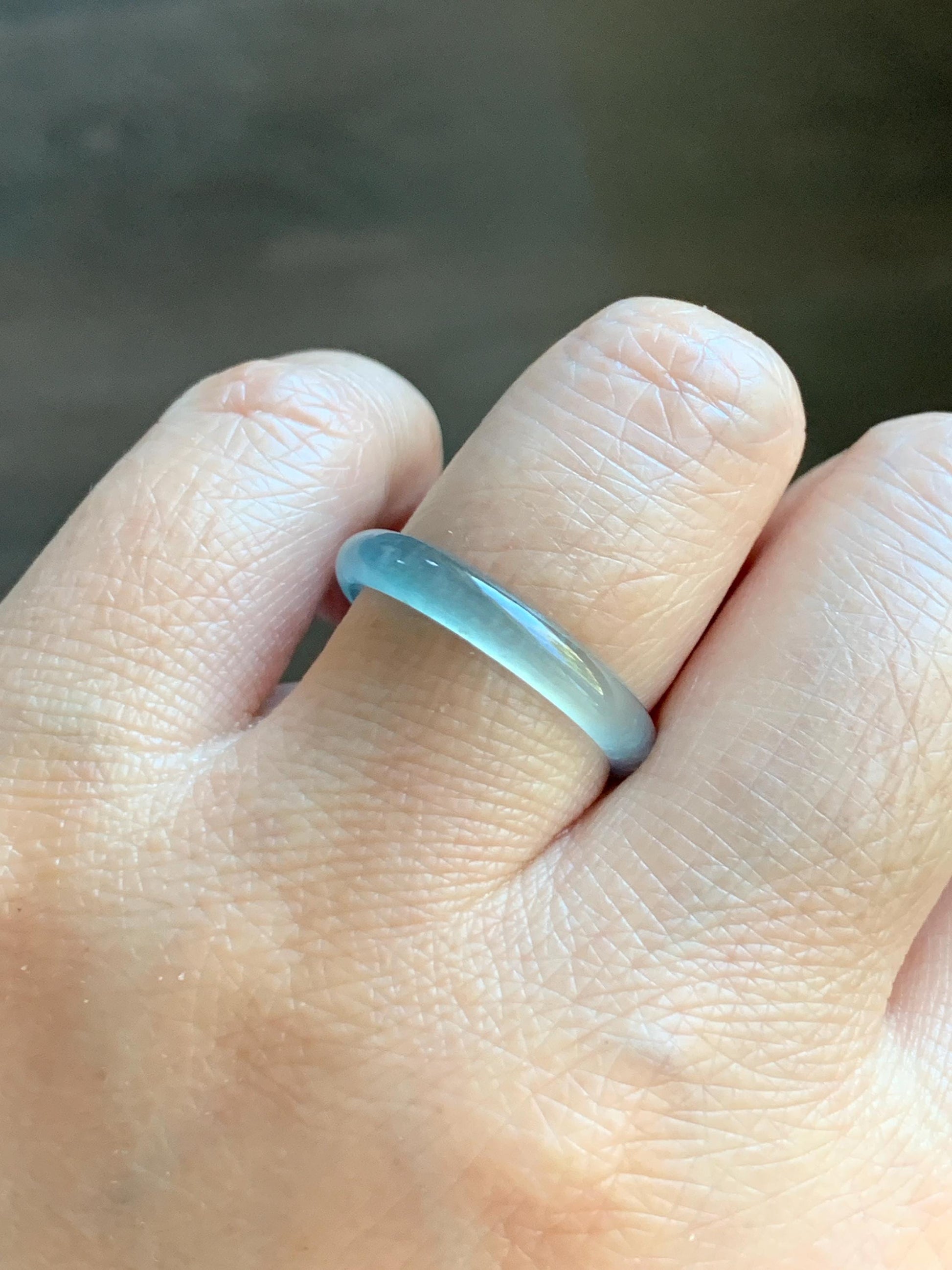 Natural Grade A Guatemalan Icy Highly Translucent Light Teal Blue Jade Jadeite Band Ring Size 8.75 US 天然冰危淡蓝起光翡翠戒圈 XWL55A