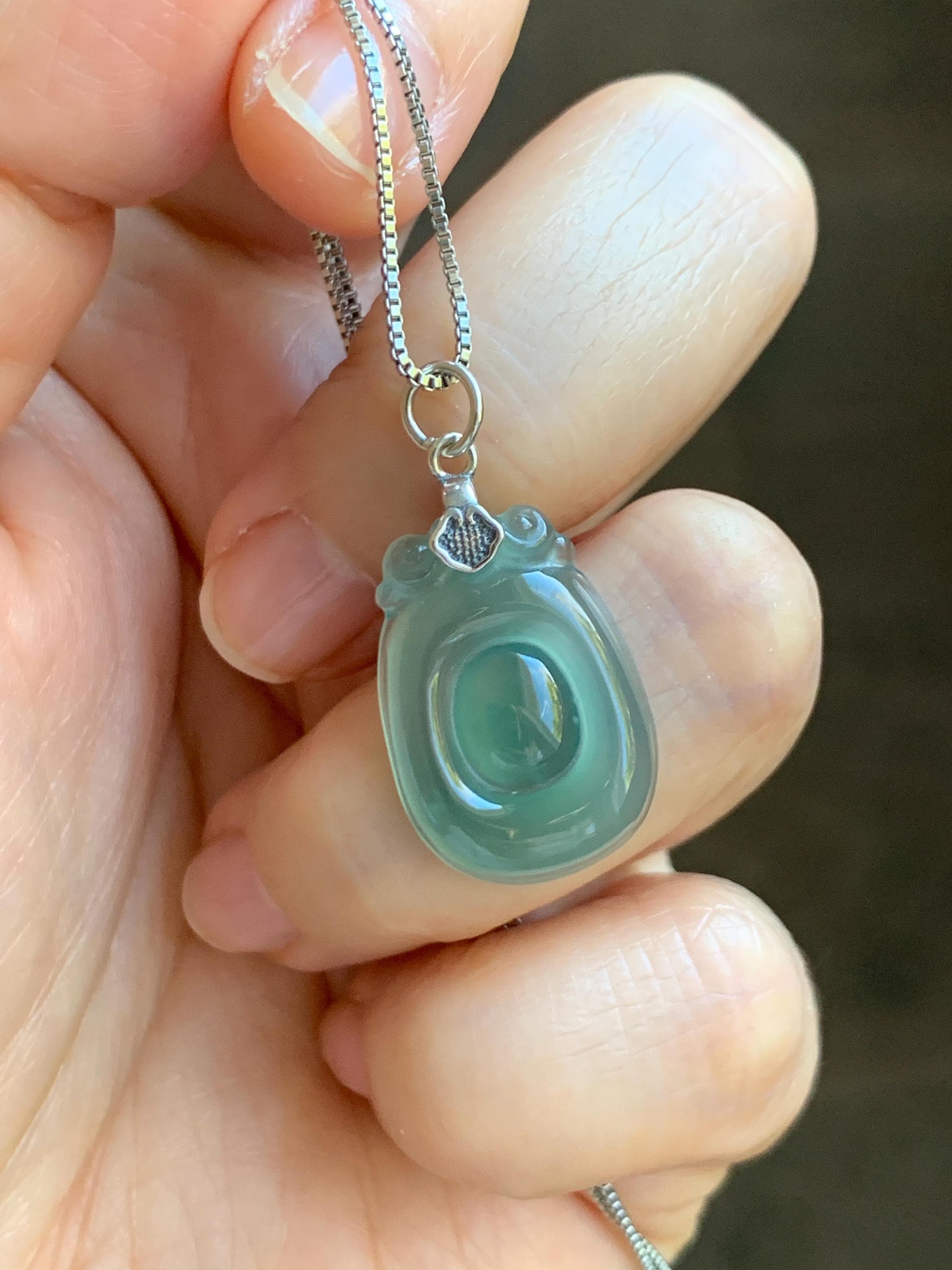 Natural Grade A Guatemalan Icy Highly Translucent Teal Green Jade Jadeite Lucky Coin Fu Bei Pendant Sterling Silver 天然冰胶危老种晴绿翡翠福贝吊坠 FBW68C