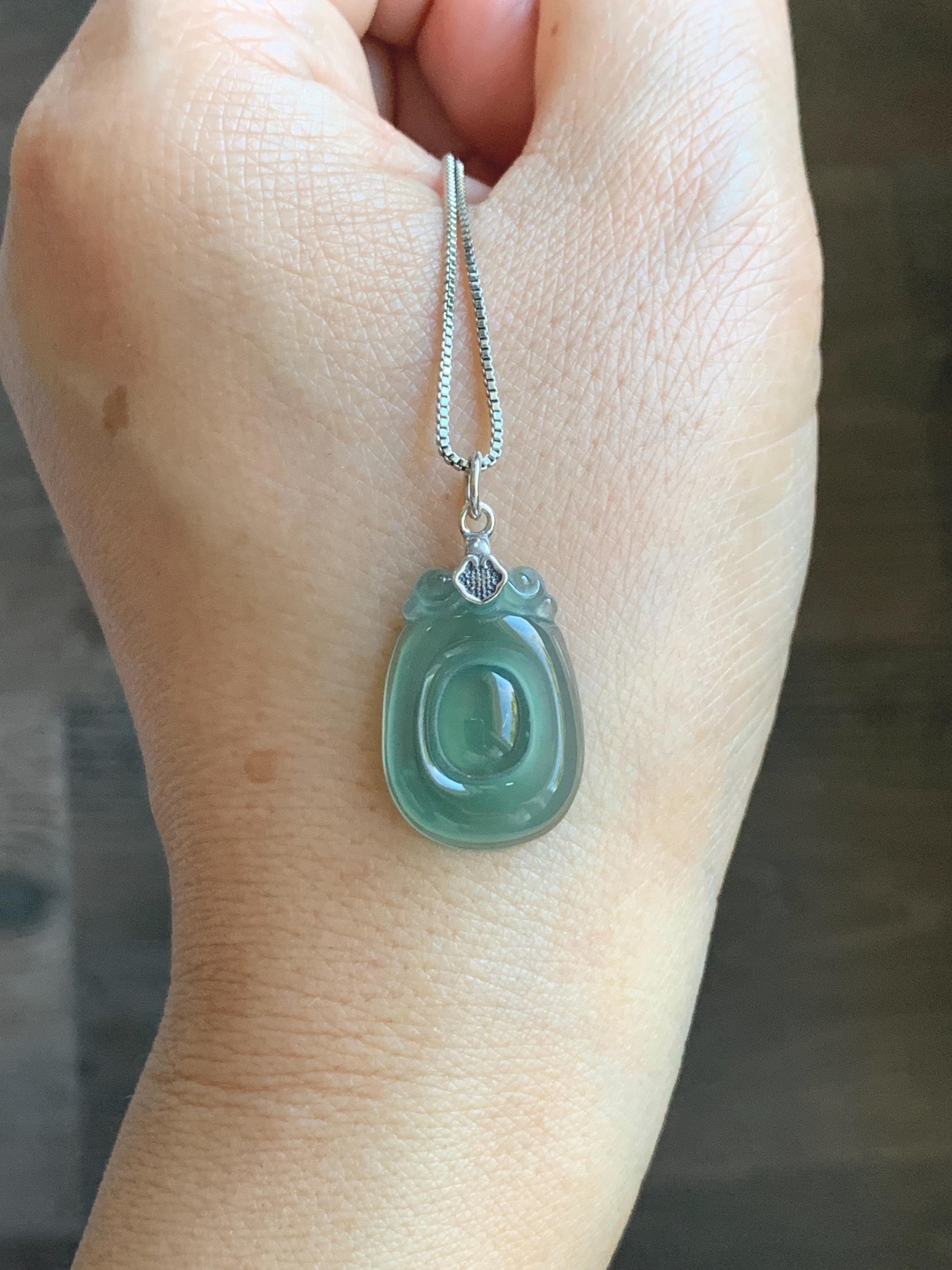 Natural Grade A Guatemalan Icy Highly Translucent Teal Green Jade Jadeite Lucky Coin Fu Bei Pendant Sterling Silver 天然冰胶危老种晴绿翡翠福贝吊坠 FBW68C