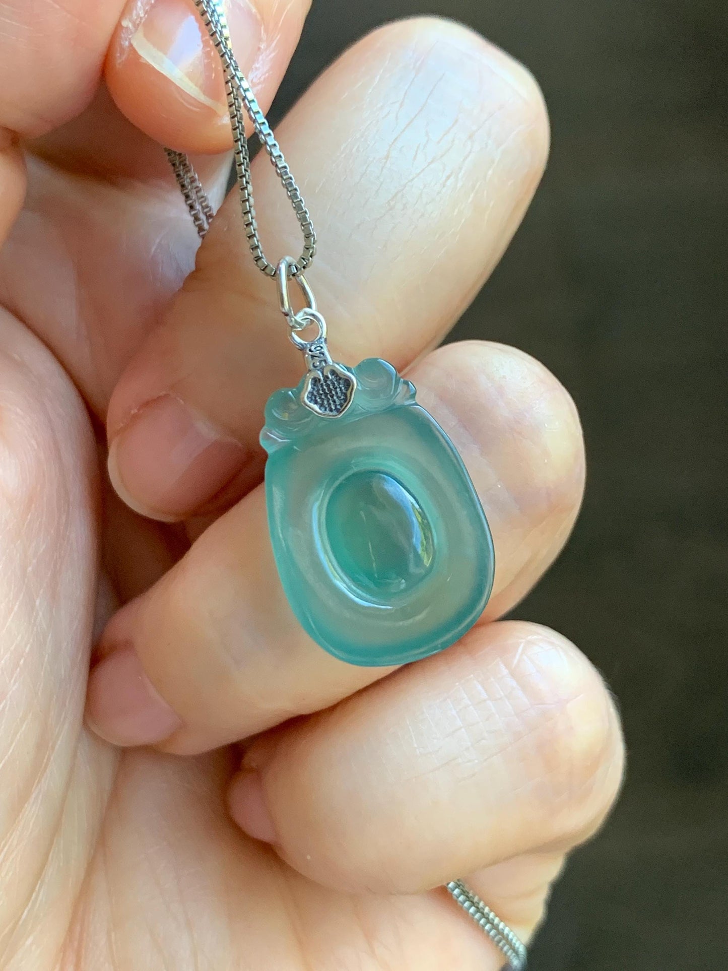 Natural Grade A Guatemalan Icy Highly Translucent Teal Green Jade Jadeite Lucky Coin Fu Bei Pendant Sterling Silver 天然冰胶危老种晴绿翡翠福贝吊坠 FBW68C