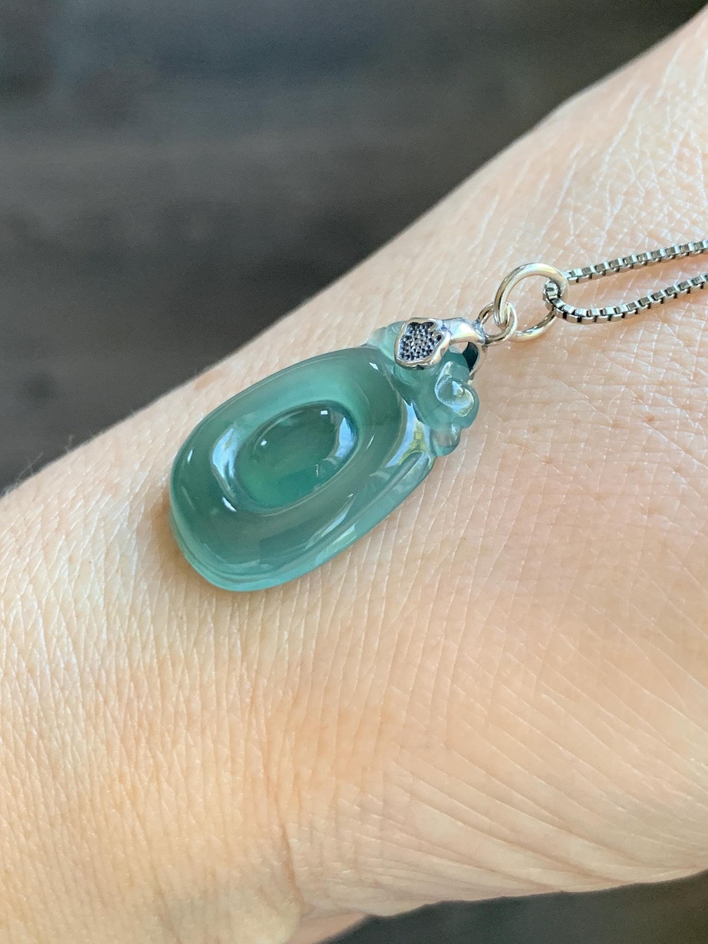 Natural Grade A Guatemalan Icy Highly Translucent Teal Green Jade Jadeite Lucky Coin Fu Bei Pendant Sterling Silver 天然冰胶危老种晴绿翡翠福贝吊坠 FBW68C
