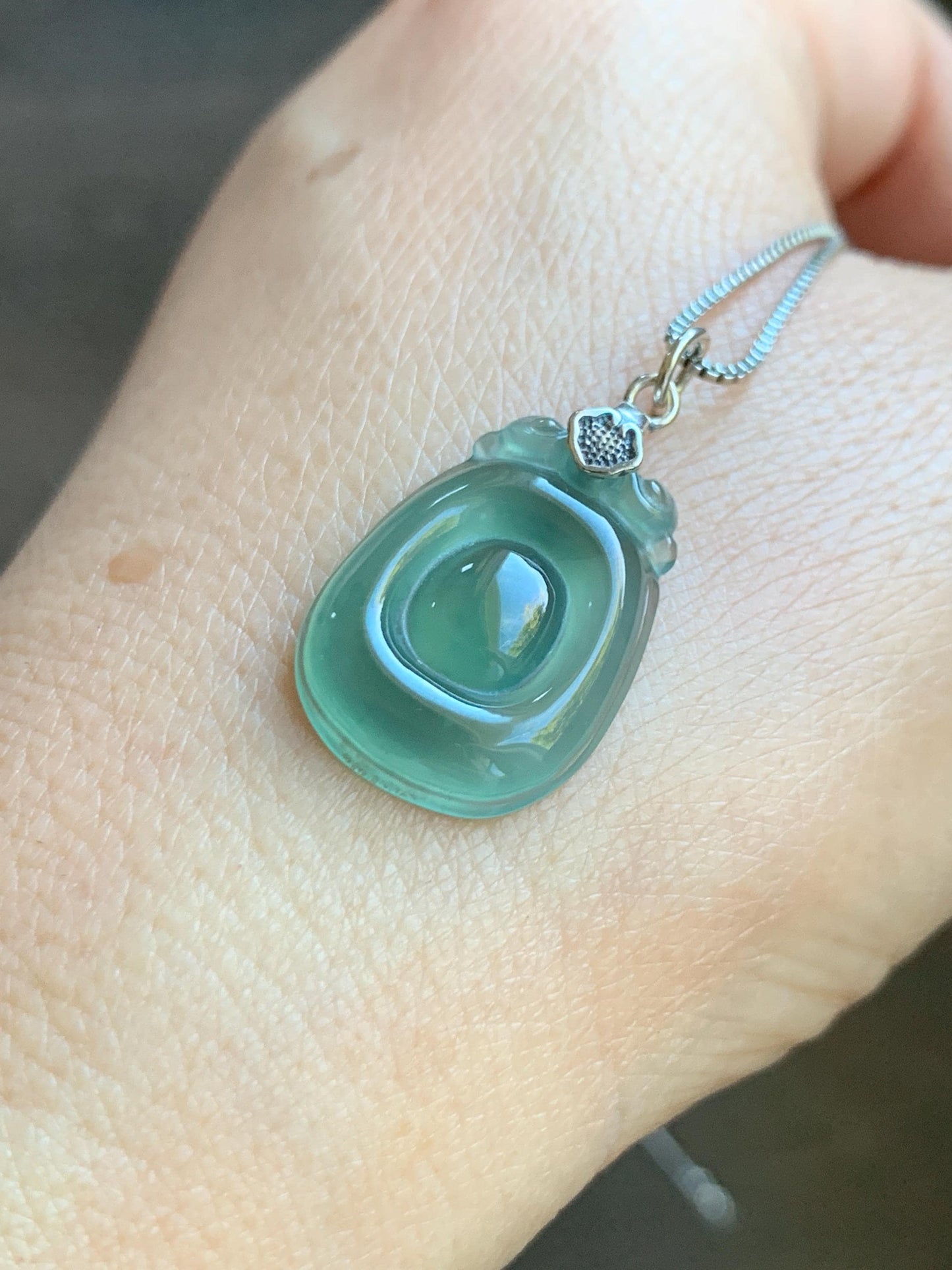 Natural Grade A Guatemalan Icy Highly Translucent Teal Green Jade Jadeite Lucky Coin Fu Bei Pendant Sterling Silver 天然冰胶危老种晴绿翡翠福贝吊坠 FBW68C