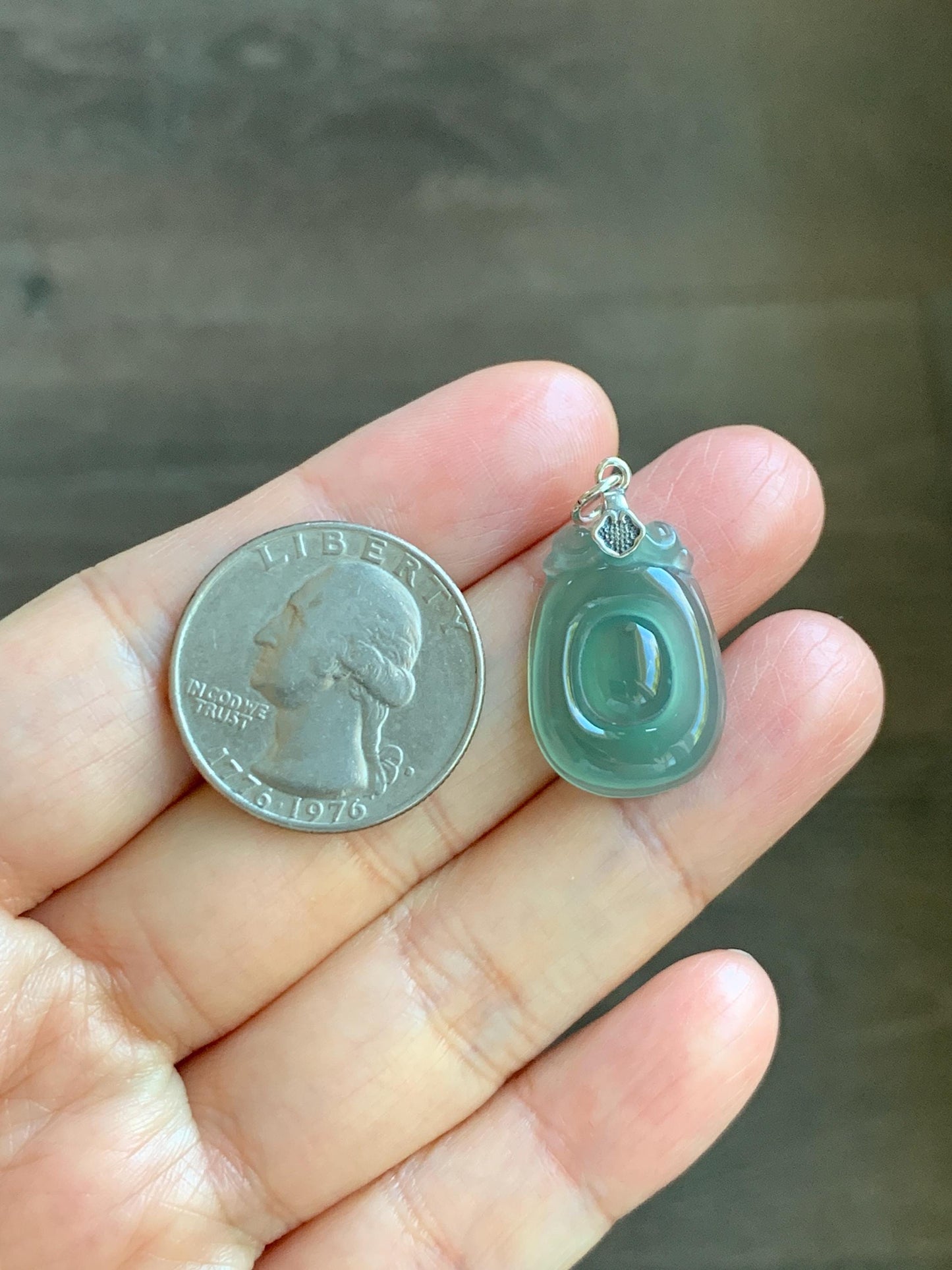 Natural Grade A Guatemalan Icy Highly Translucent Teal Green Jade Jadeite Lucky Coin Fu Bei Pendant Sterling Silver 天然冰胶危老种晴绿翡翠福贝吊坠 FBW68C