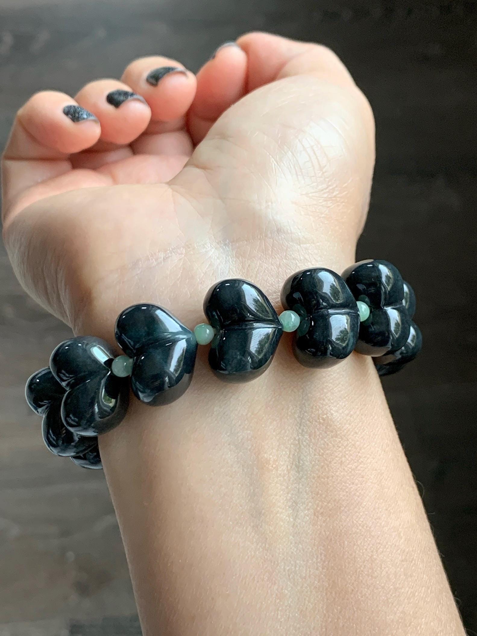 Natural Grade A Guatemalan Opaque Black Jade Jadeite Large Heart Beads Beaded Bracelet Stretchy 6.75" 67g 天然危起油墨翠大卡桃心珠手串 WMC286