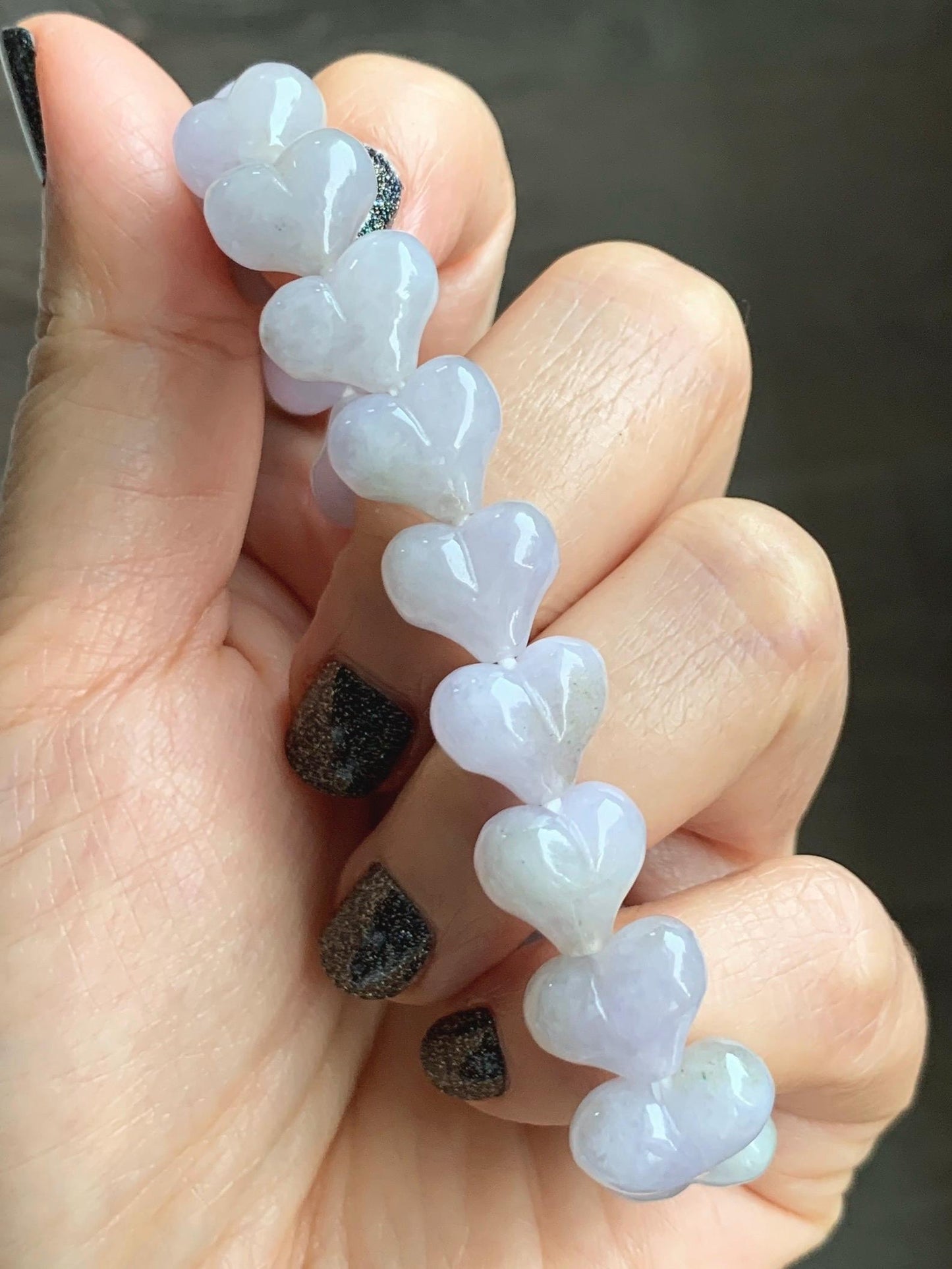 Certified Natural Grade A Icy Translucent Pastel Purple Jade Jadeite Heart Beads Beaded Bracelet Stretchy 7.25" 30g 天然冰紫底翡翠桃心珠手串 565