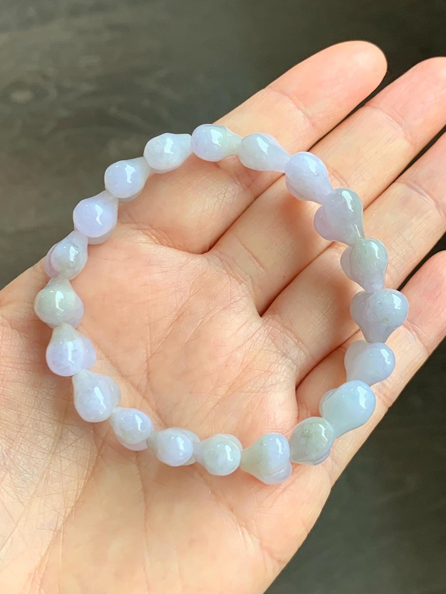 Certified Natural Grade A Icy Translucent Pastel Purple Jade Jadeite Heart Beads Beaded Bracelet Stretchy 7.25" 30g 天然冰紫底翡翠桃心珠手串 565