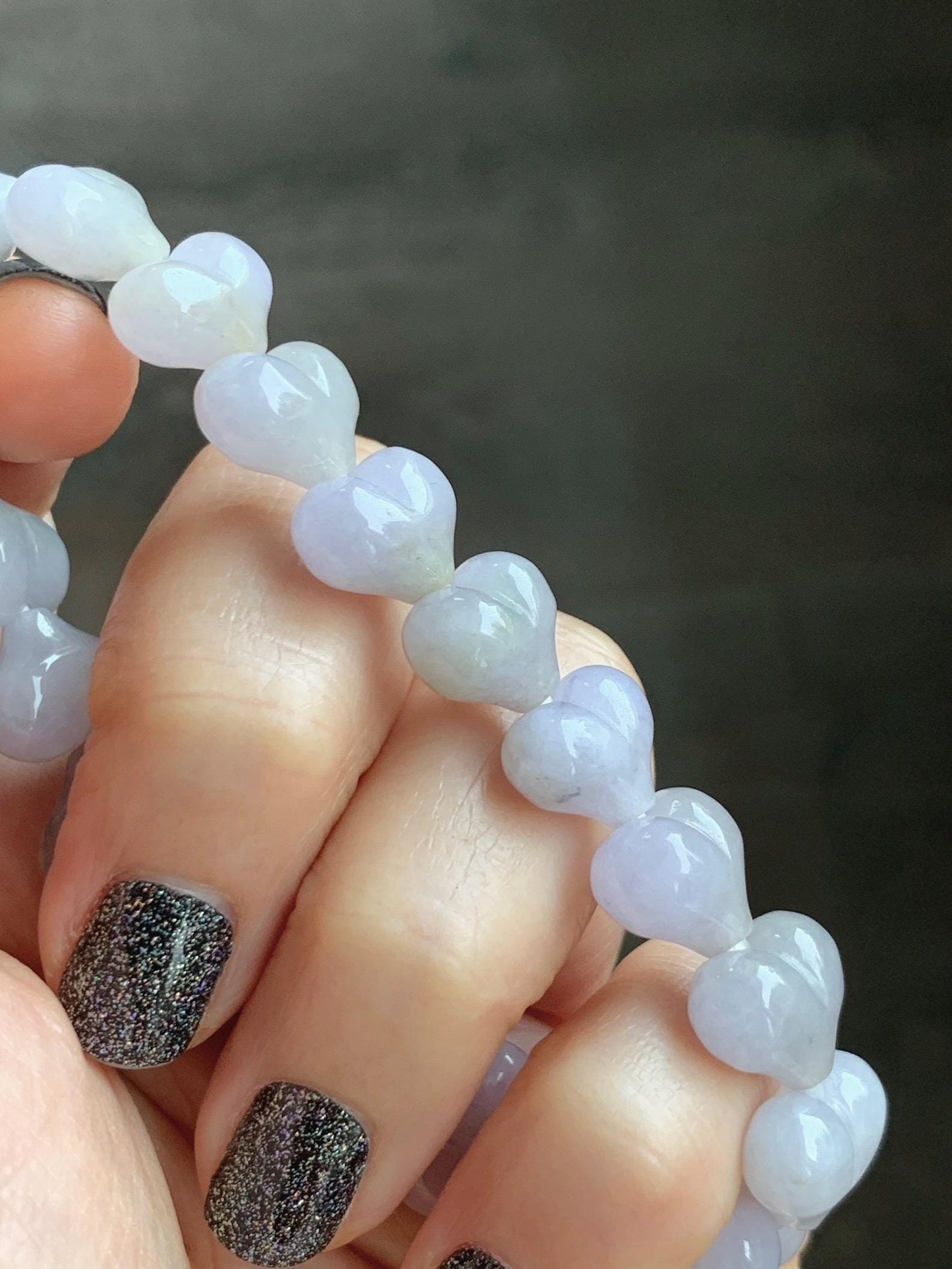 Certified Natural Grade A Icy Translucent Pastel Purple Jade Jadeite Heart Beads Beaded Bracelet Stretchy 7.25" 30g 天然冰紫底翡翠桃心珠手串 565
