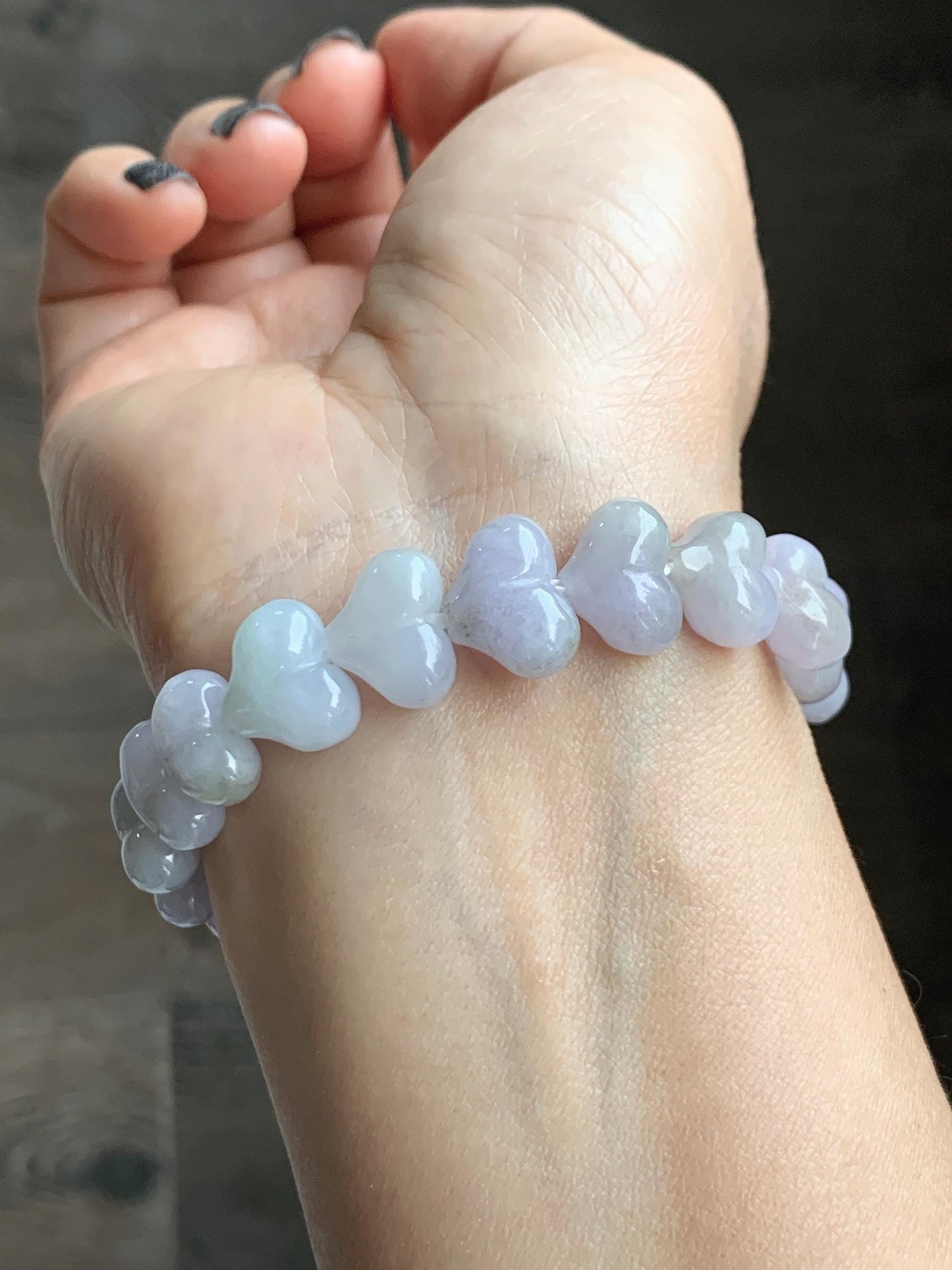 Certified Natural Grade A Icy Translucent Pastel Purple Jade Jadeite Heart Beads Beaded Bracelet Stretchy 7.25" 30g 天然冰紫底翡翠桃心珠手串 565
