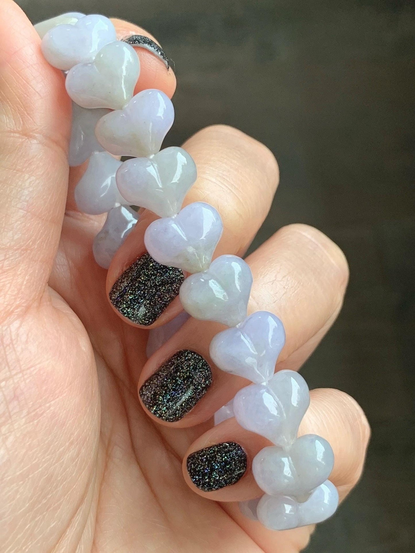 Certified Natural Grade A Icy Translucent Pastel Purple Jade Jadeite Heart Beads Beaded Bracelet Stretchy 7.25" 30g 天然冰紫底翡翠桃心珠手串 565