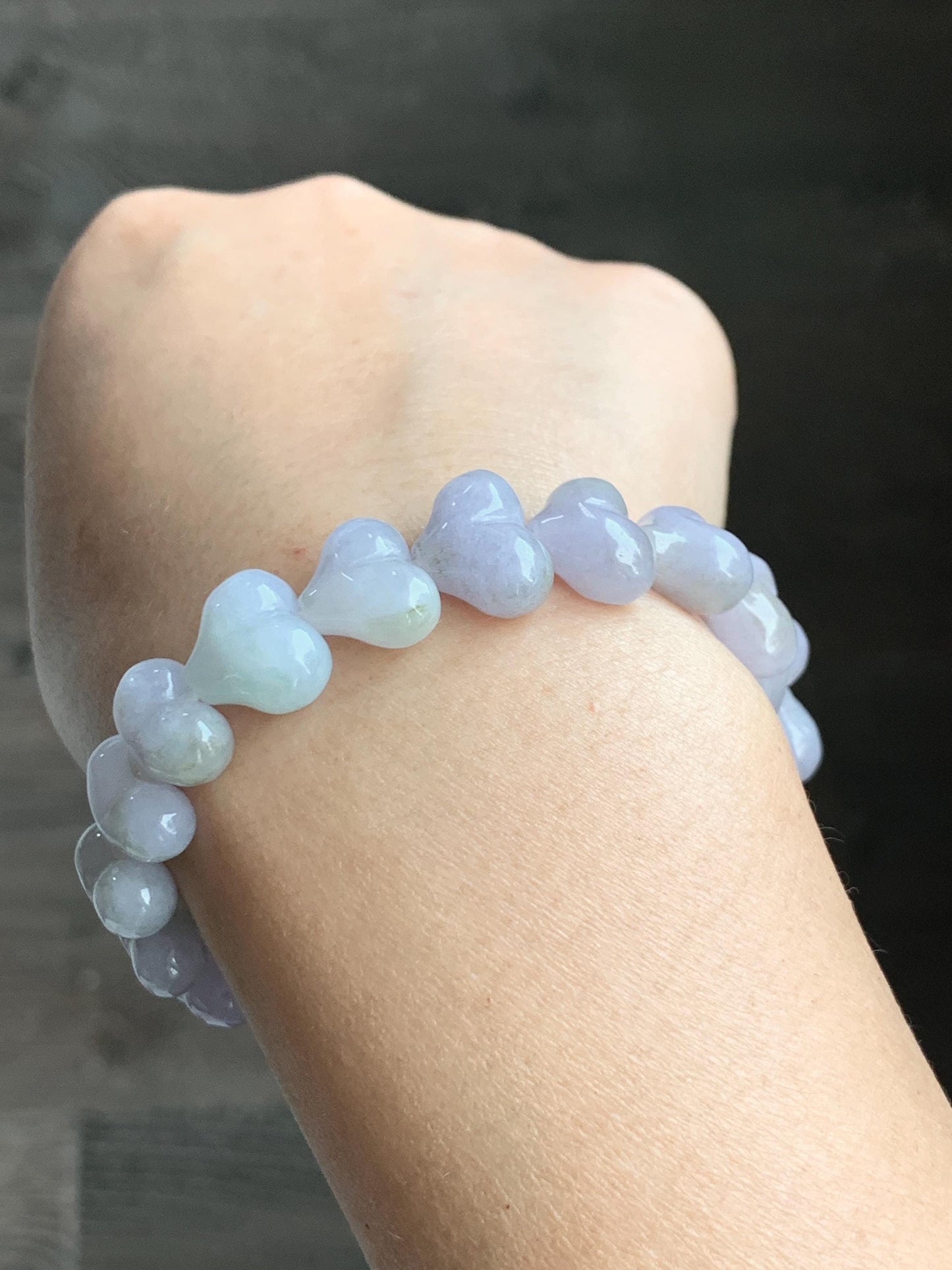 Certified Natural Grade A Icy Translucent Pastel Purple Jade Jadeite Heart Beads Beaded Bracelet Stretchy 7.25" 30g 天然冰紫底翡翠桃心珠手串 565