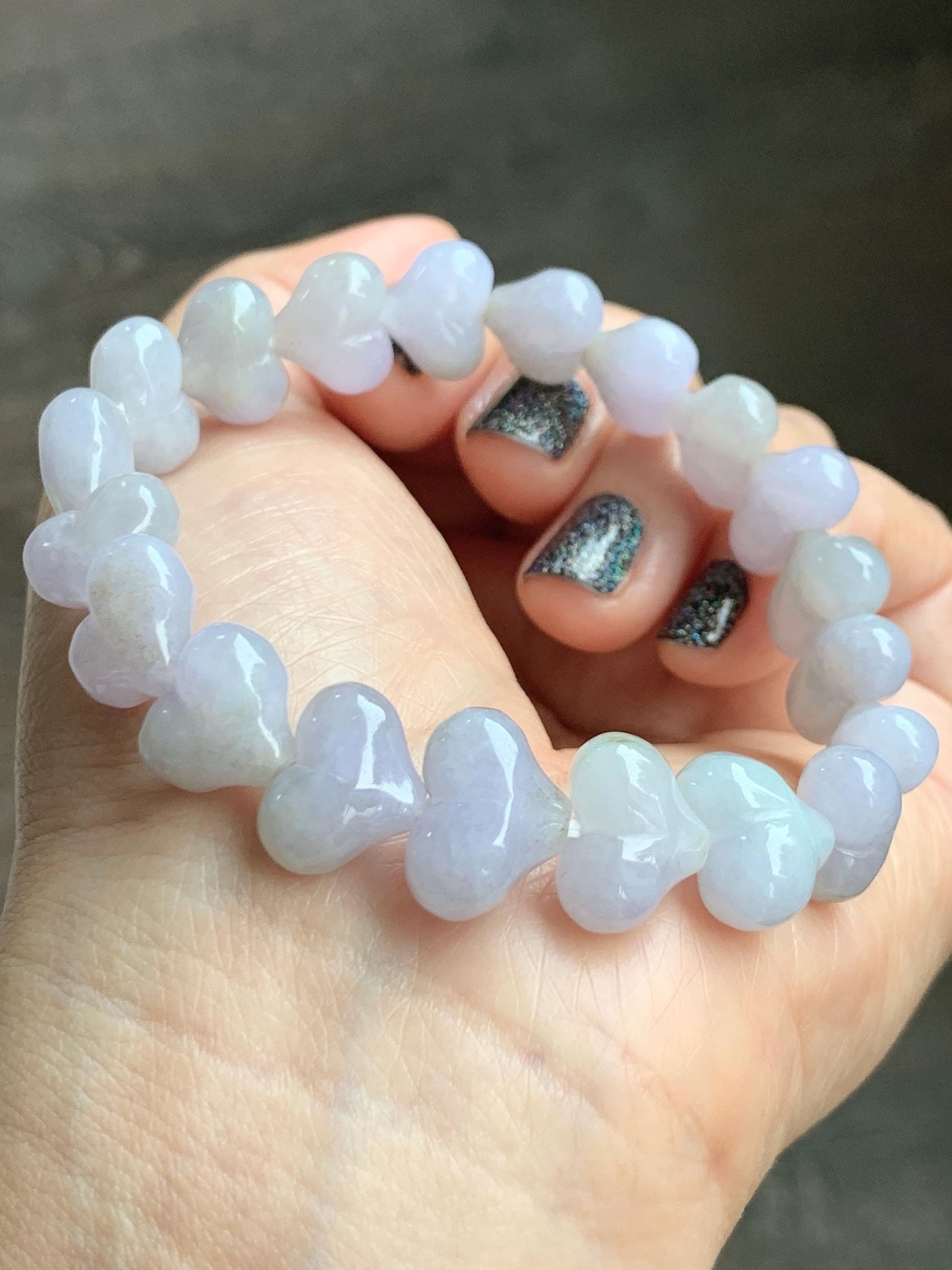 Certified Natural Grade A Icy Translucent Pastel Purple Jade Jadeite Heart Beads Beaded Bracelet Stretchy 7.25" 30g 天然冰紫底翡翠桃心珠手串 565
