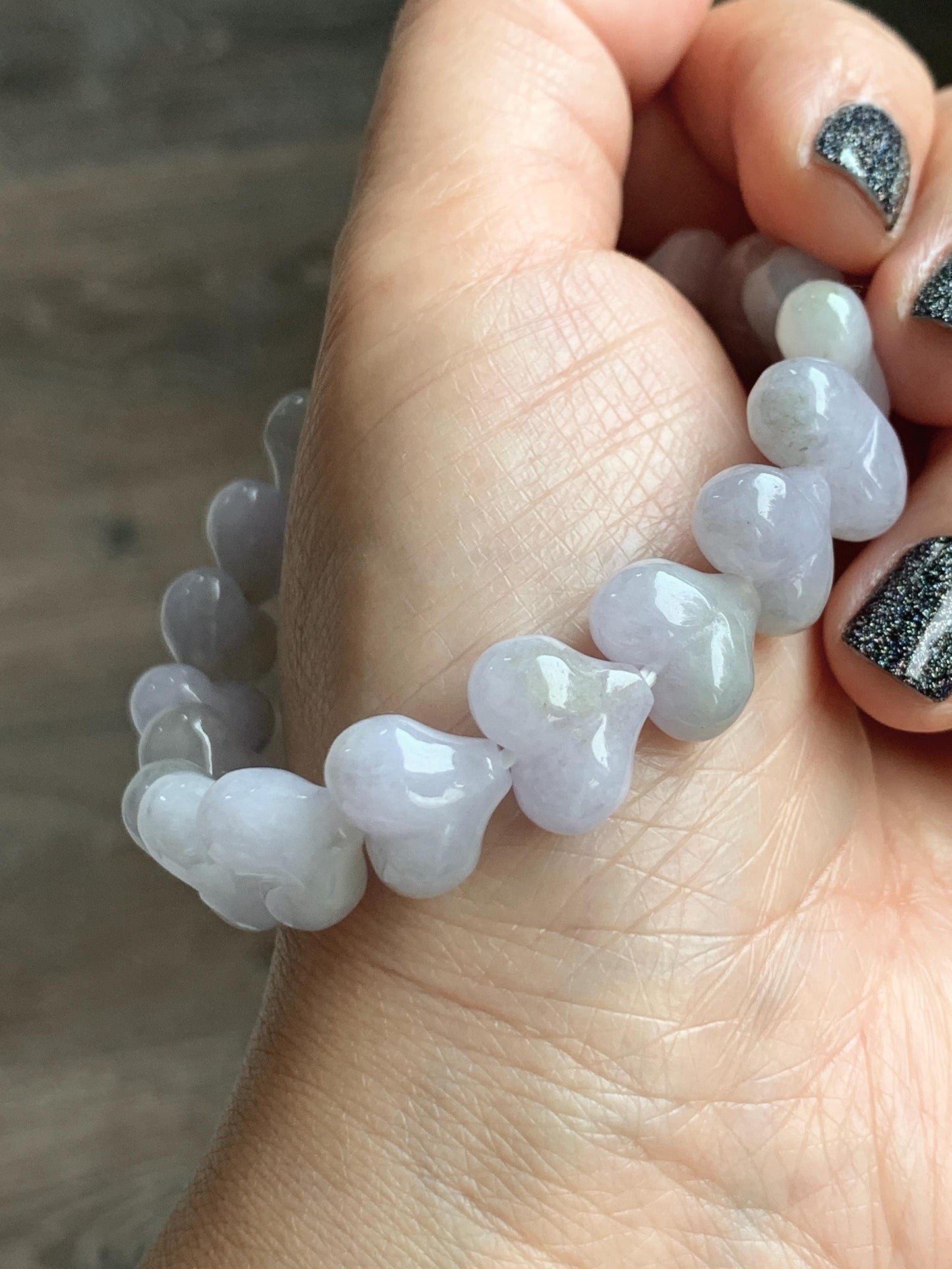 Certified Natural Grade A Icy Translucent Pastel Purple Jade Jadeite Heart Beads Beaded Bracelet Stretchy 7.25" 30g 天然冰紫底翡翠桃心珠手串 565
