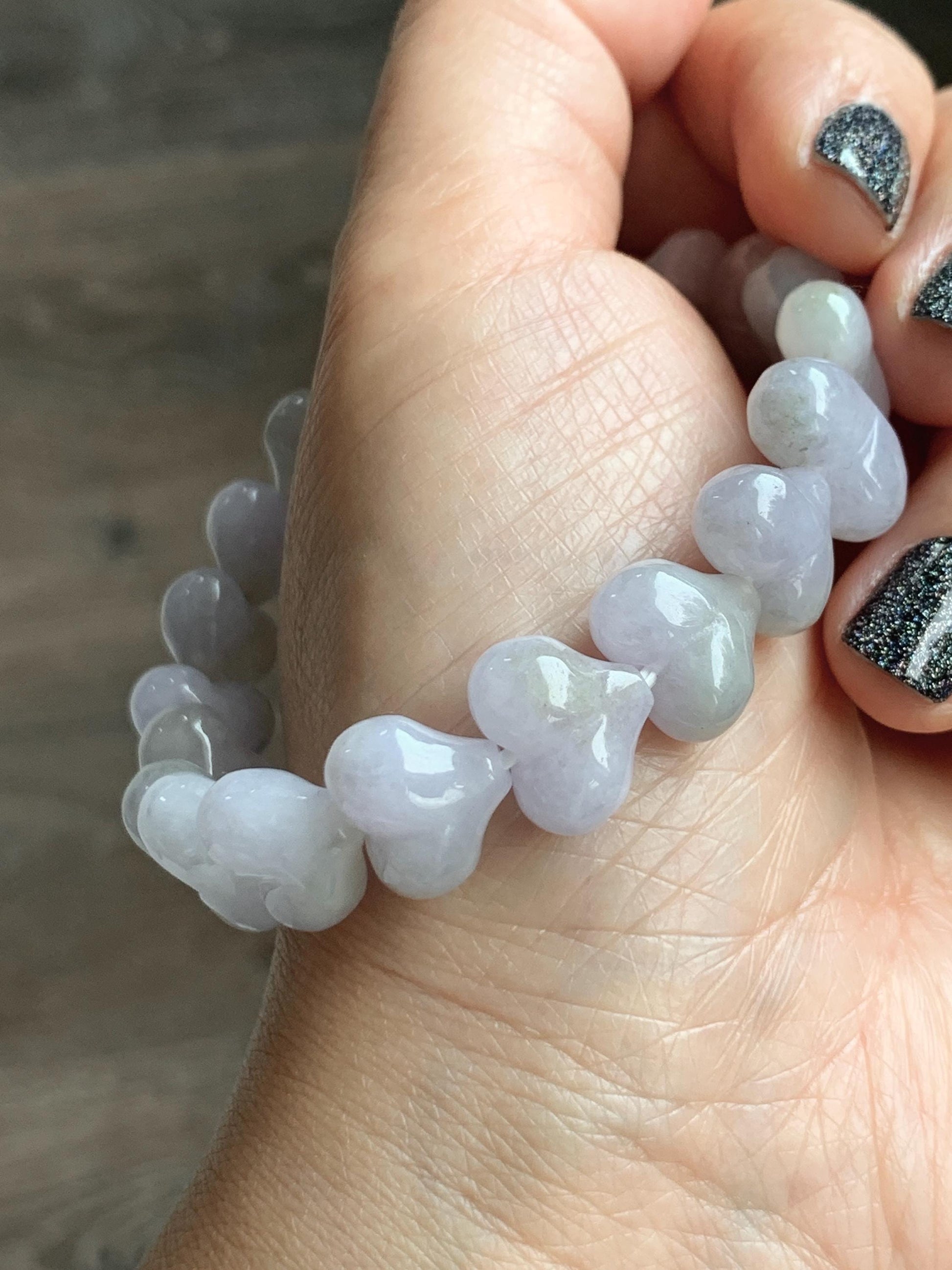 Certified Natural Grade A Icy Translucent Pastel Purple Jade Jadeite Heart Beads Beaded Bracelet Stretchy 7.25" 30g 天然冰紫底翡翠桃心珠手串 565