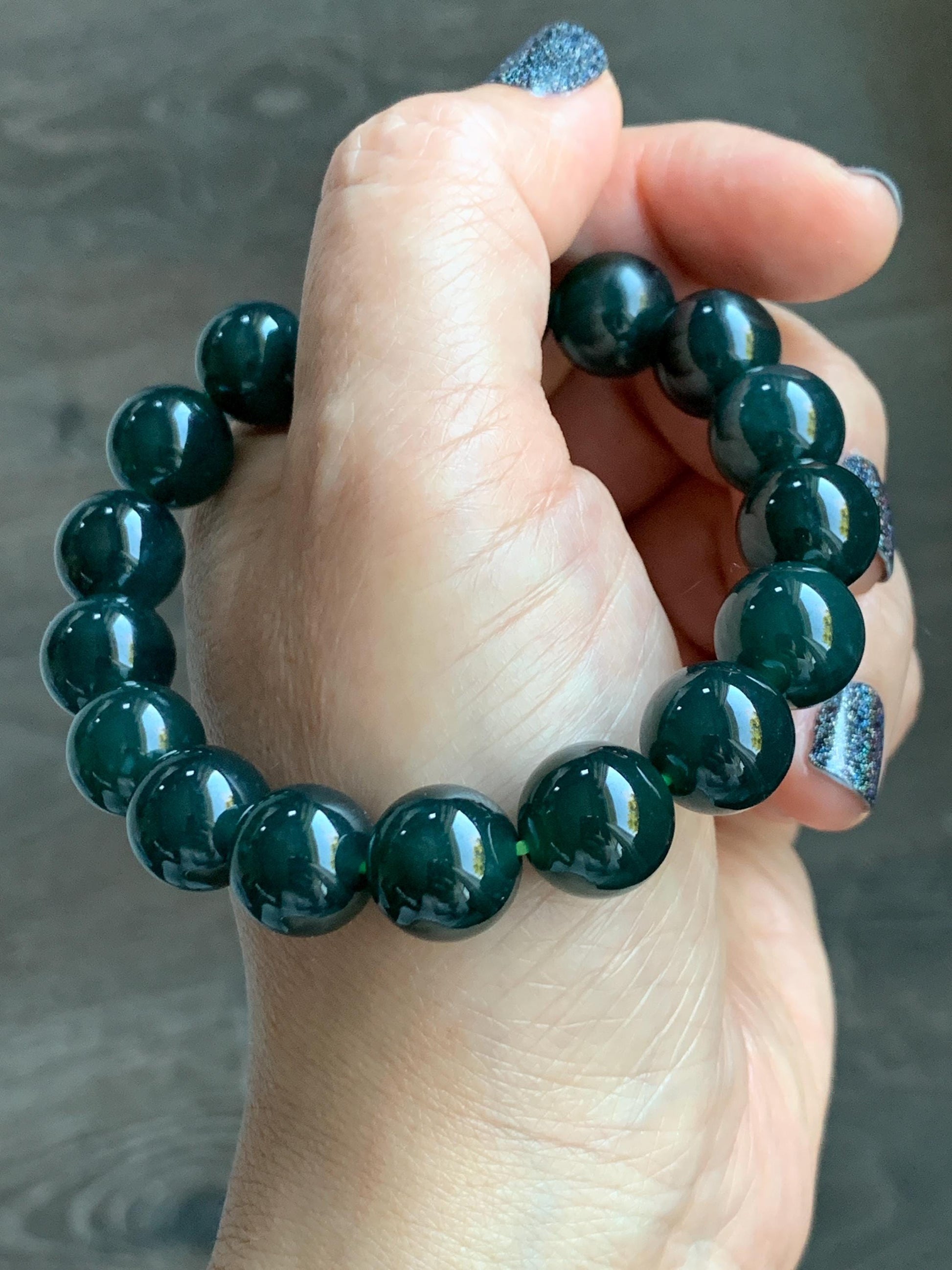 Natural Grade A Guatemalan Icy Translucent Dark Teal Green Jade Jadeite Large Beaded Bracelet 11.9mm 7.5” 49g 天然老种冰危深蓝绿翡翠大卡手串 SWV360