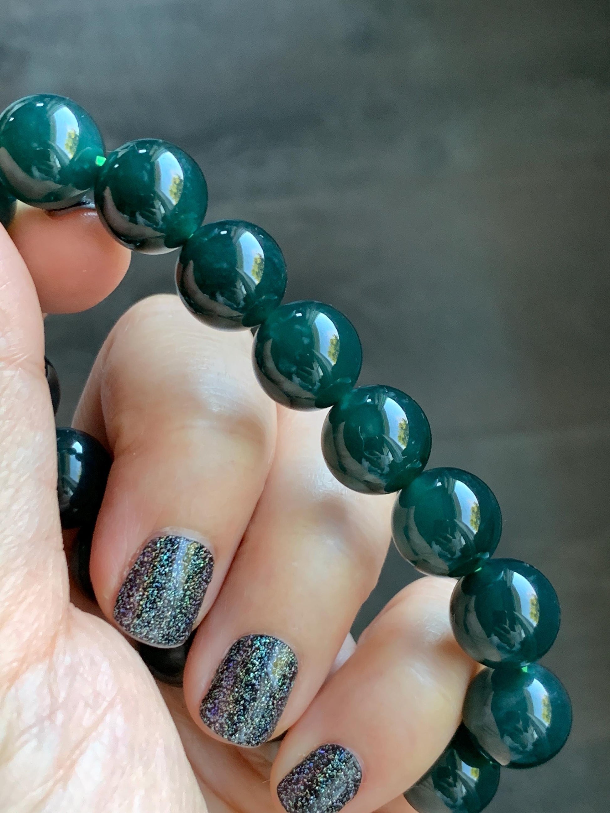 Natural Grade A Guatemalan Icy Translucent Dark Teal Green Jade Jadeite Large Beaded Bracelet 11.9mm 7.5” 49g 天然老种冰危深蓝绿翡翠大卡手串 SWV360