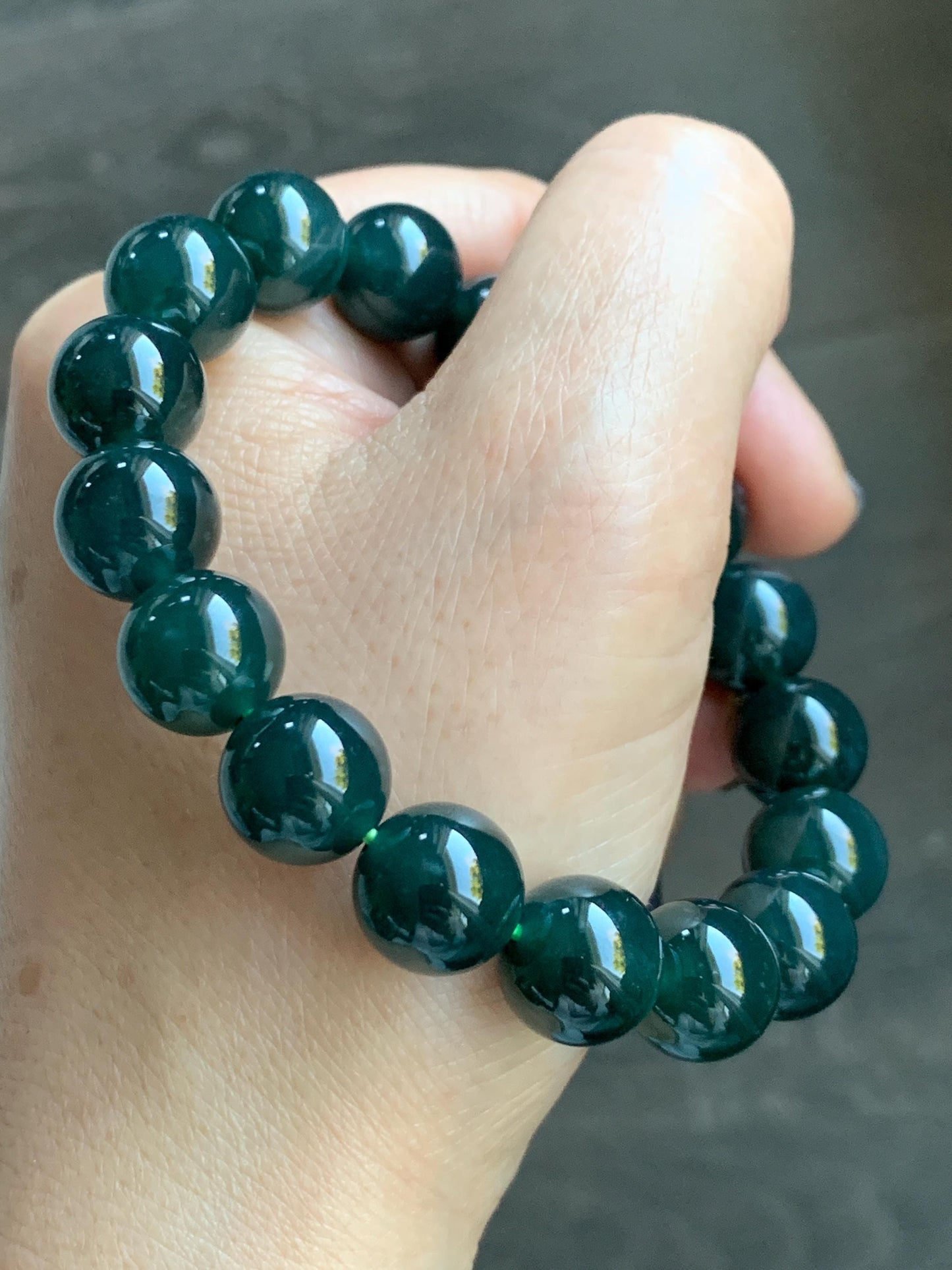 Natural Grade A Guatemalan Icy Translucent Dark Teal Green Jade Jadeite Large Beaded Bracelet 11.9mm 7.5” 49g 天然老种冰危深蓝绿翡翠大卡手串 SWV360