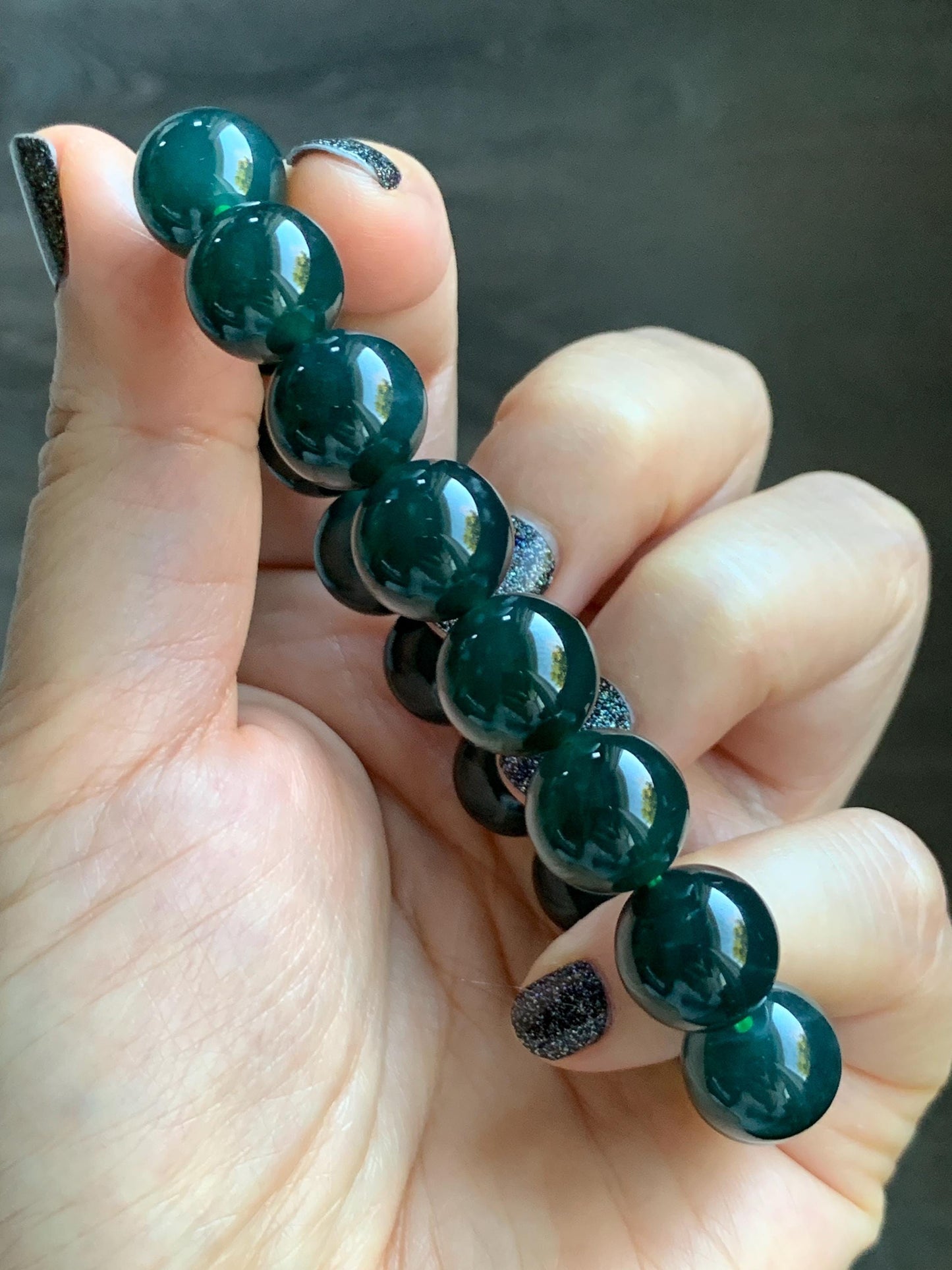 Natural Grade A Guatemalan Icy Translucent Dark Teal Green Jade Jadeite Large Beaded Bracelet 11.9mm 7.5” 49g 天然老种冰危深蓝绿翡翠大卡手串 SWV360